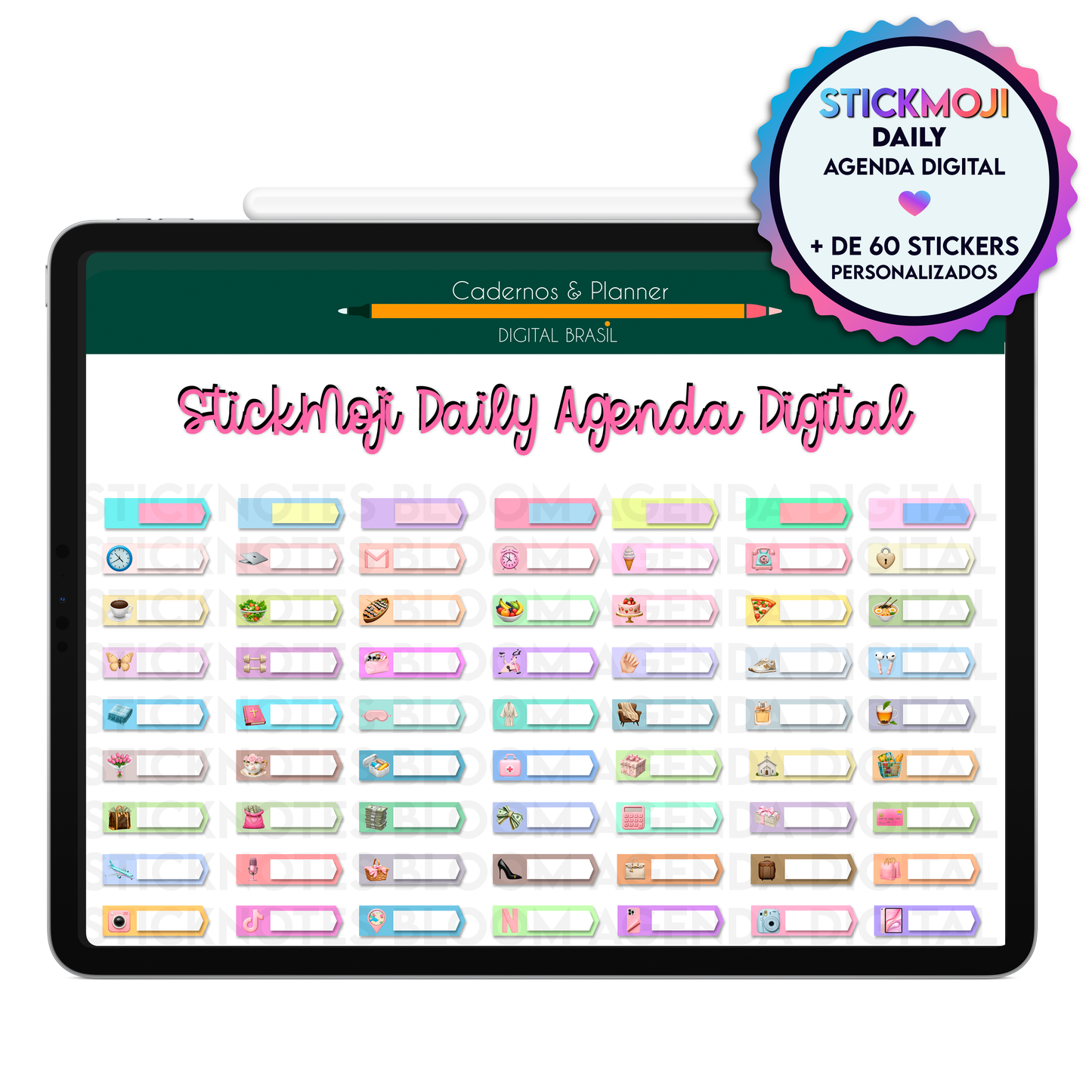 Adesivos digitais para agendamento de reuniões, clientes, compromissos e tarefas diárias na Agenda Digital no iPad e Tablet Android