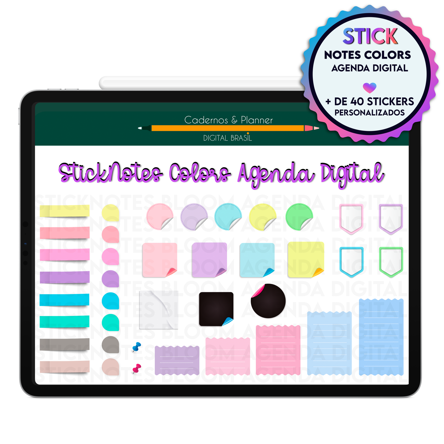 Stickers coloridos para agendamento de clientes, calendario de horários, reuniões, no ipad com Goodnotes na Agenda Digital Permanente Não Datada ou no Tablet Android.