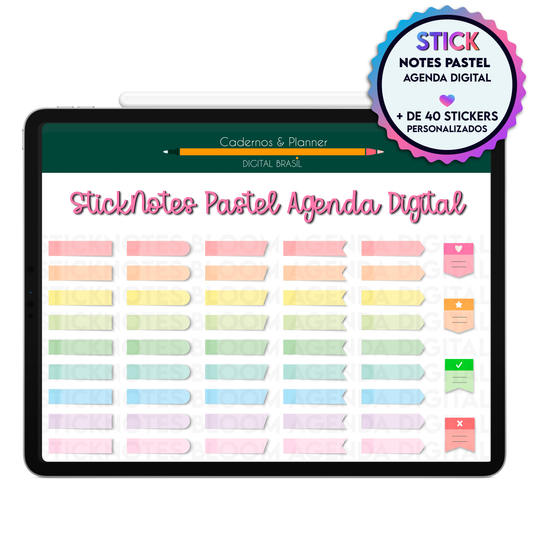 Stickers digitais em tons pastel para planejamento mensal e organização profissional na Agenda Digital Permanente Não Datada no Tablet Android ou iPad.