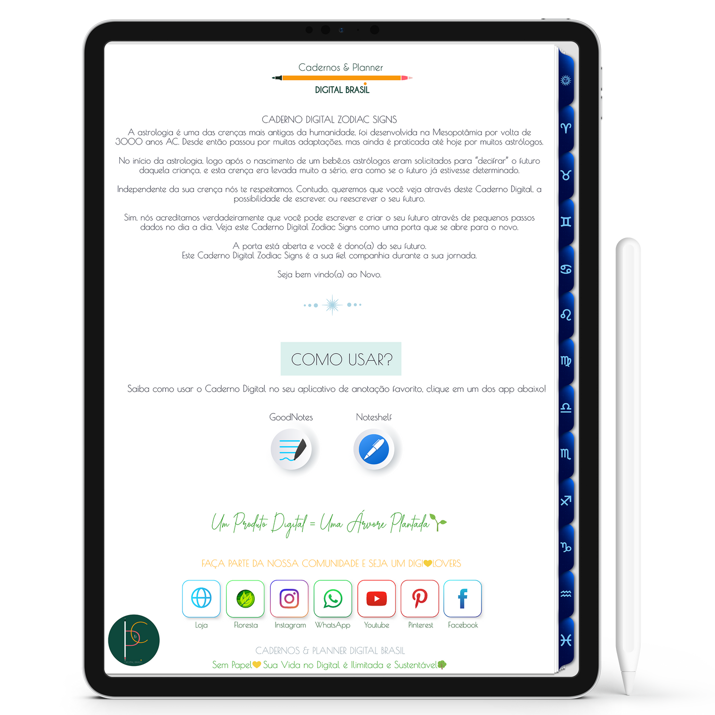 Caderno Digital do Signo de Gêmeos do Zodíaco 12 Matérias Constelações Study iPad iOs Tablet Android GoodNotes Noteshelf Sustentável Cadernos & Planner Digital Brasil