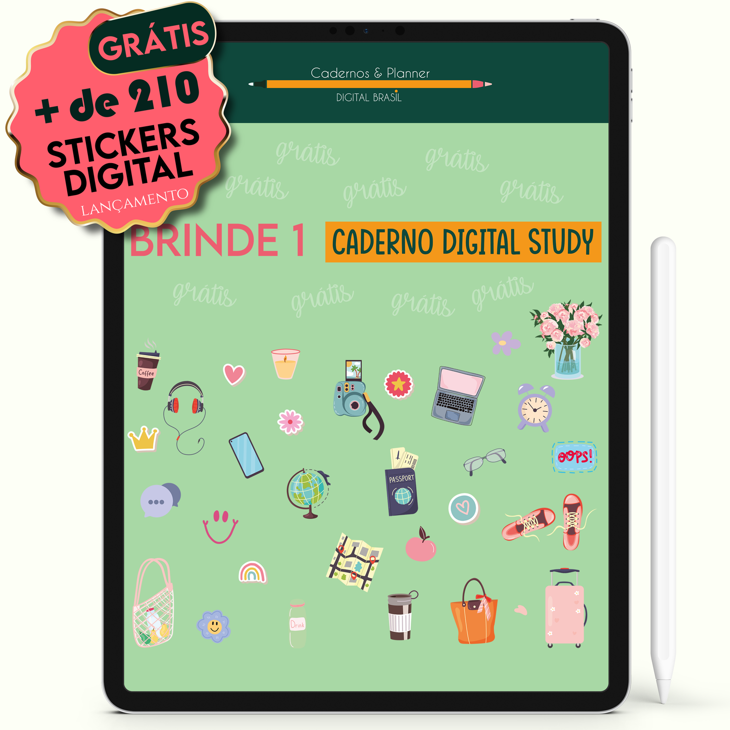 Brinde Ganhe Stickers Adesivo Study Digital Caderno Digital Colors Colorful 16 Matérias • Para iPad e Tablet Android • Download instantâneo • Sustentável