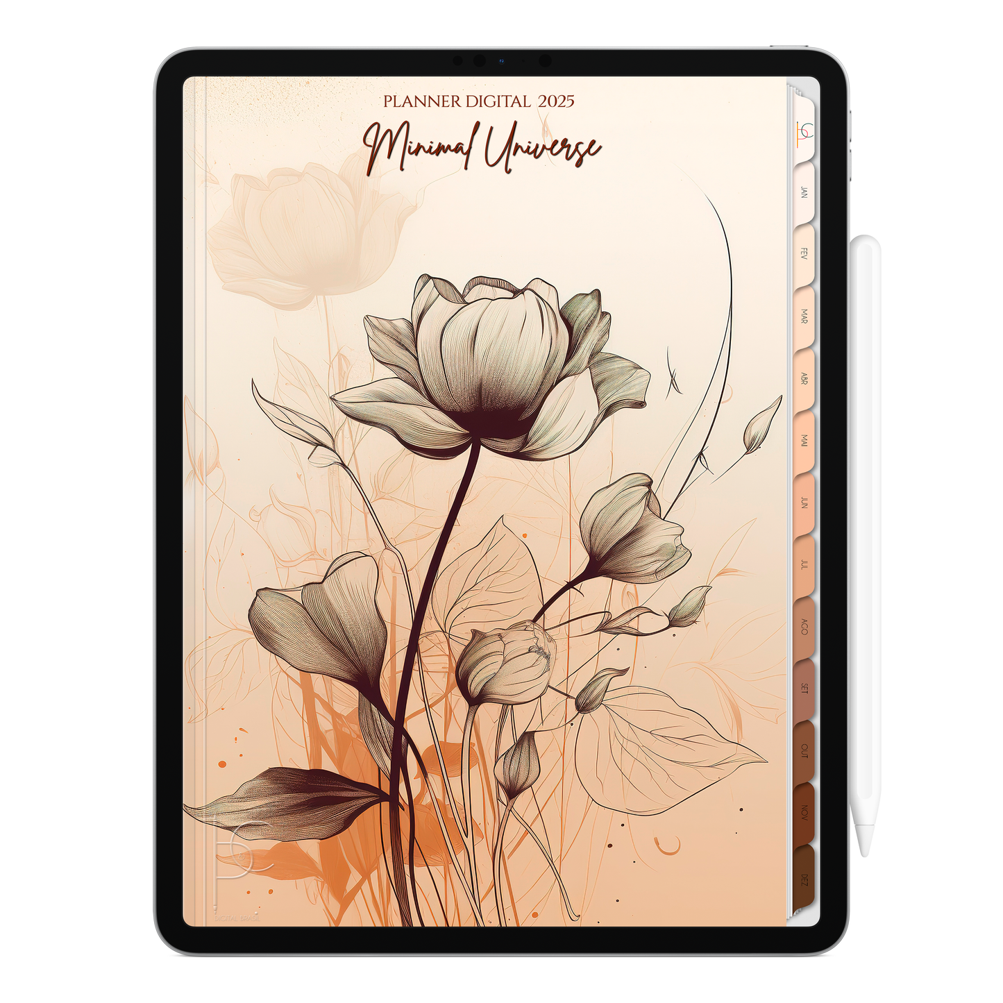 Planner Digital Vertical Minimal Universe 2025 Mocha Bloom pt-BR • Para iPad e Tablet Android • Download Imediato