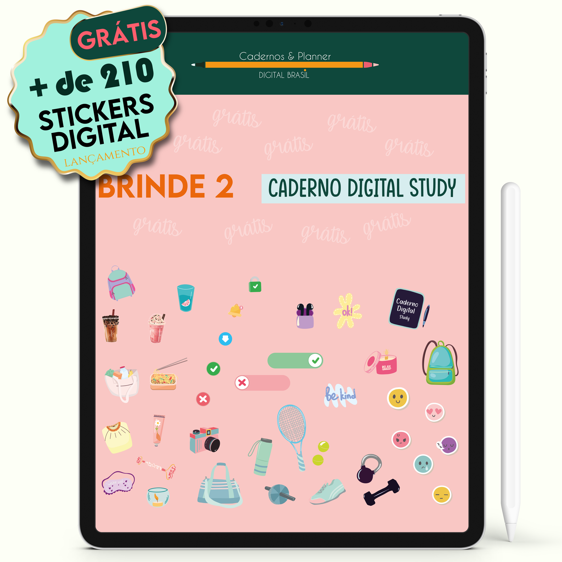 Ganhe brinde stickers adesivos digital Caderno Digital Colors Notas Verdes 16 Matérias • Para iPad e Tablet Android • Download instantâneo • Sustentável