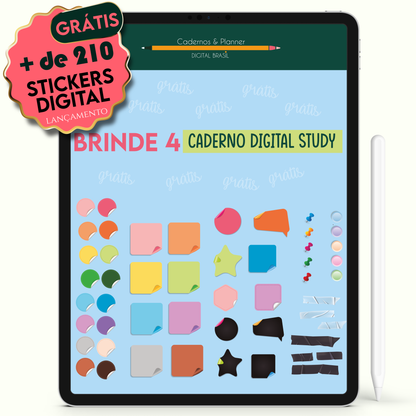 Ganhe brinde stickers adesivos digital Caderno Digital Colors Notas Verdes 16 Matérias • Para iPad e Tablet Android • Download instantâneo • Sustentável