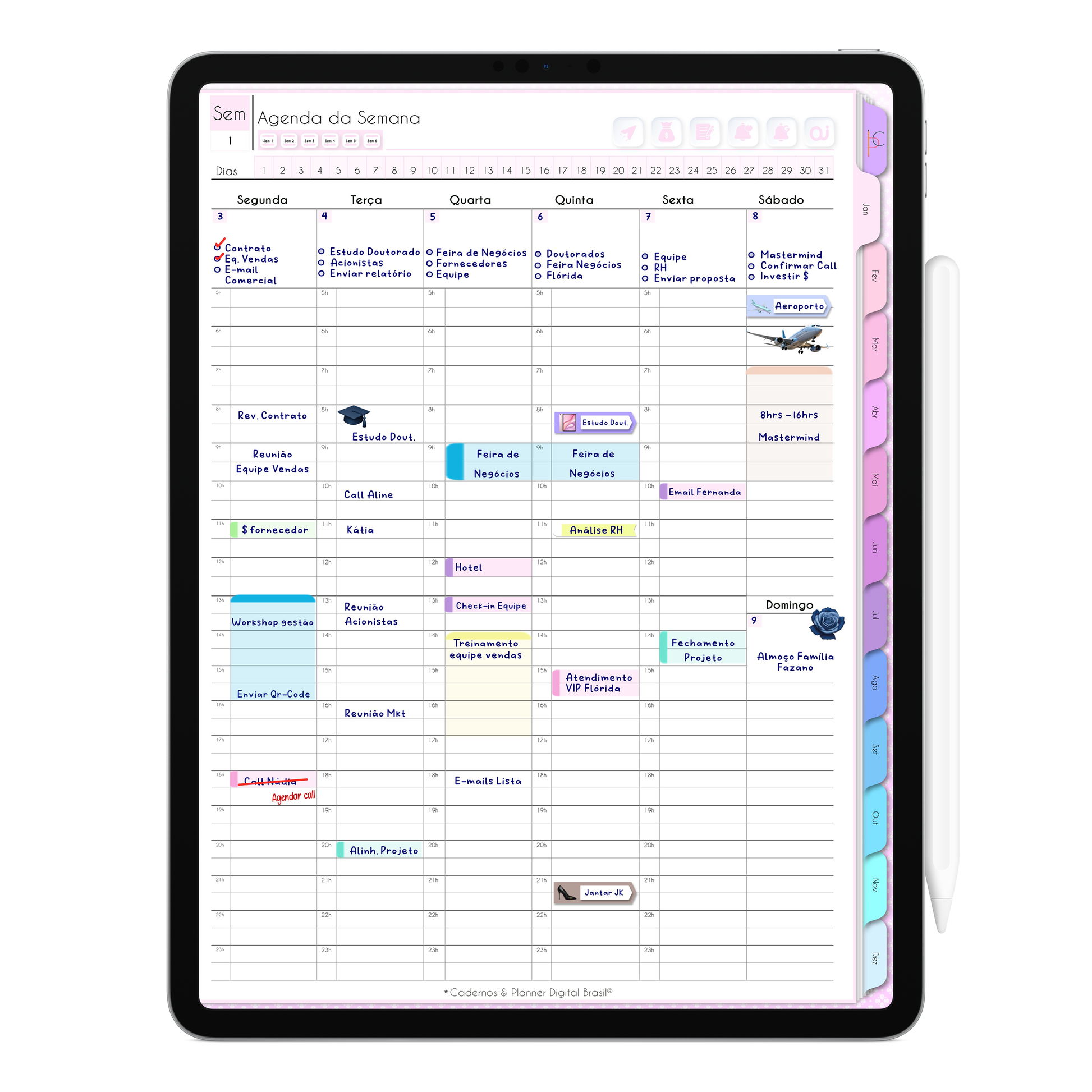 Página Agenda da Semana Não datado da Agenda Digital Permanente para organização de compromissos, tarefas, prioridades e produtividade da semana.
Layout vertical com início na segunda-feira e horários diários 5hrs até 23hrs, ideal para agendar compromissos, rotina equilibrada e tarefas semanais.