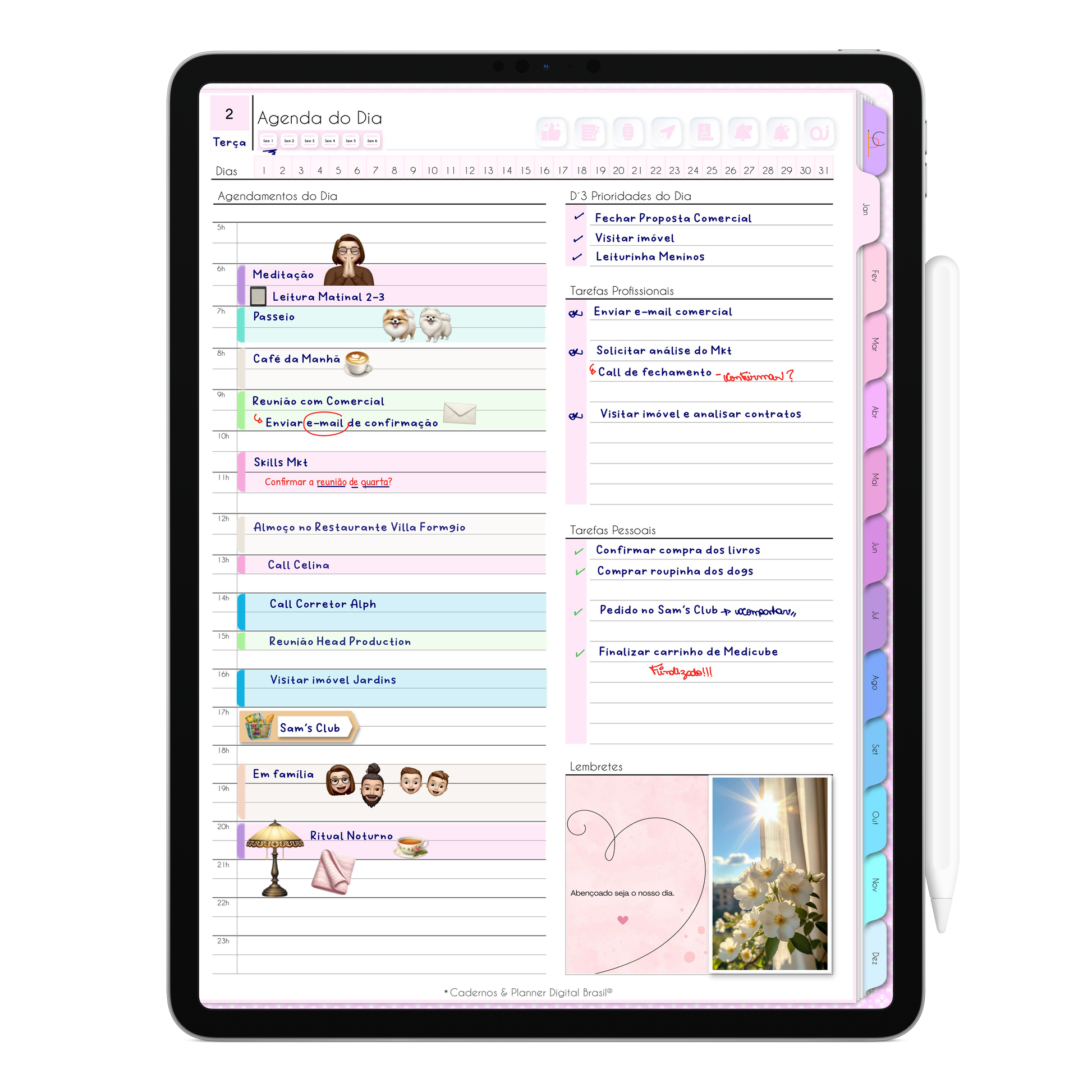 Agenda do Dia para agendar compromissos hora hora, blocos do tempo, organização das tarefas profissionais e pessoais da Agenda Digital Permanente não datado para Tablet e iPad. 