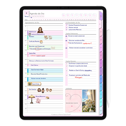 Agenda do Dia para agendar compromissos hora hora, blocos do tempo, organização das tarefas profissionais e pessoais da Agenda Digital Permanente não datado para Tablet e iPad. 