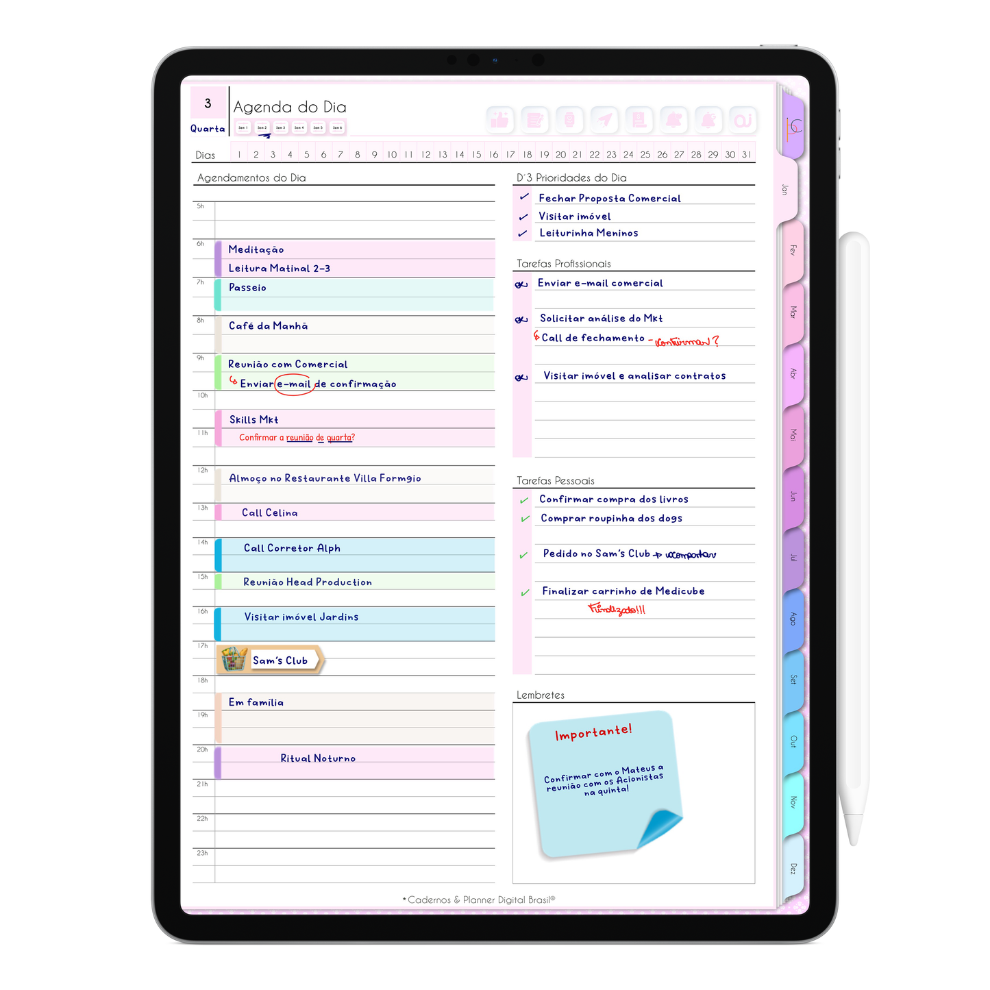 Agenda Diária da Agenda Digital não datada para gestão do tempo, agenda de reuniões e compromissos, tarefas, produtividade pessoal e profissional.