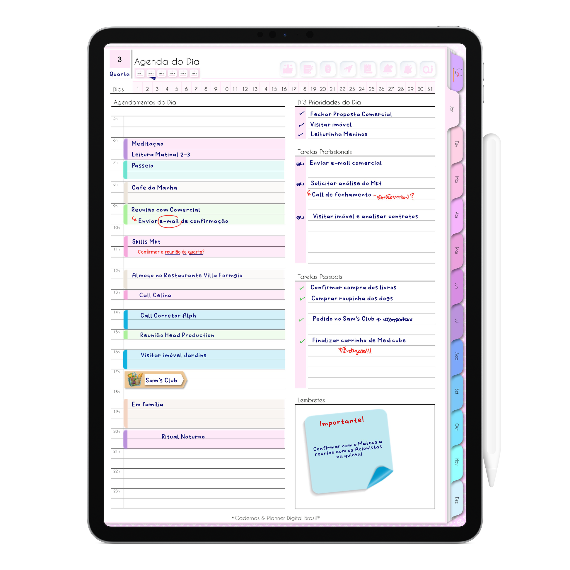 Agenda Diária da Agenda Digital não datada para gestão do tempo, agenda de reuniões e compromissos, tarefas, produtividade pessoal e profissional.