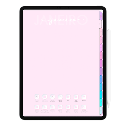 Capa do Mês da Agenda Digital Permanente para iPad e Tablet Android exibindo abas laterais de acesso instantâneo por clique para os meses de Janeiro a Dezembro. E botões clicáveis para acessar as páginas dos meses.