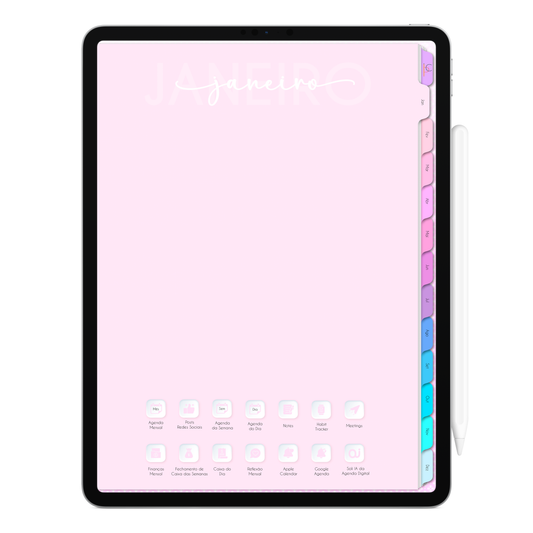 Capa do Mês da Agenda Digital Permanente para iPad e Tablet Android exibindo abas laterais de acesso instantâneo por clique para os meses de Janeiro a Dezembro. E botões clicáveis para acessar as páginas dos meses.