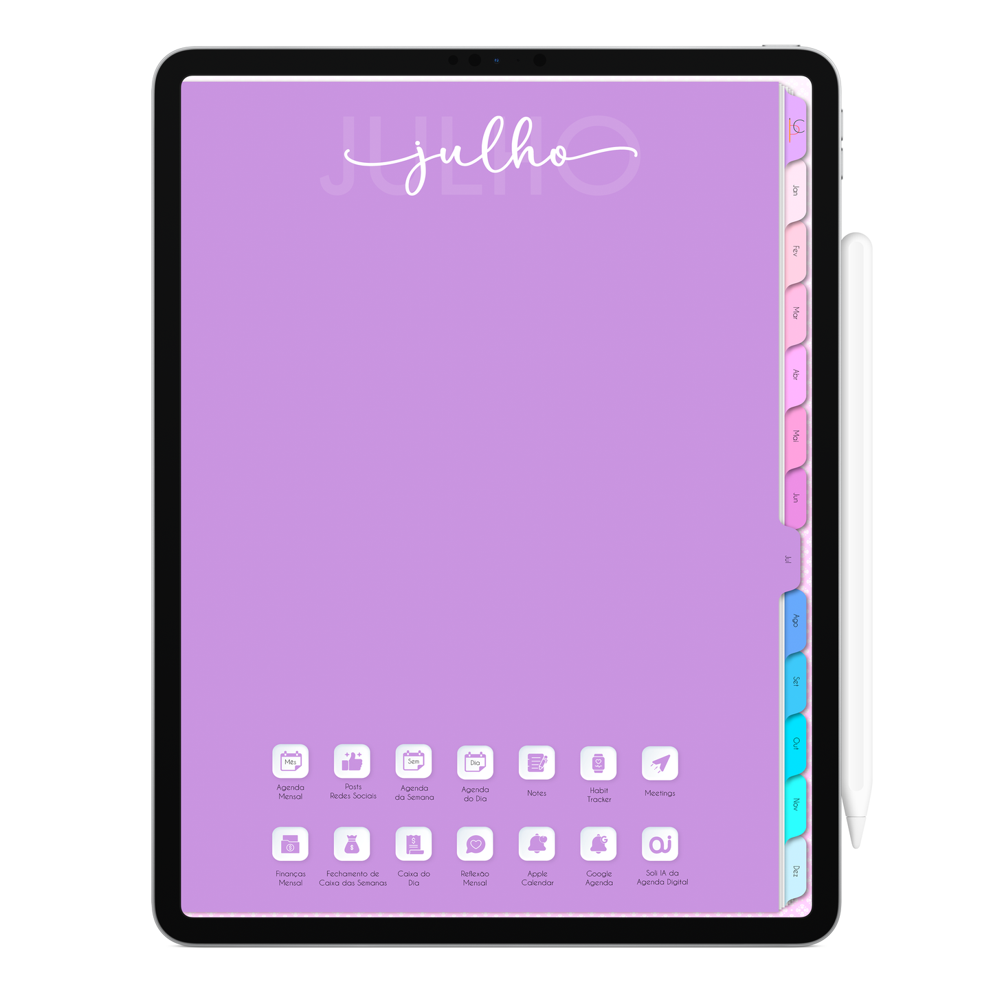 Capa do Mês clicavel da Agenda Digital Permanente para iPad e Tablet Android exibindo abas laterais de acesso instantâneo por clique para os meses de Janeiro a Dezembro.