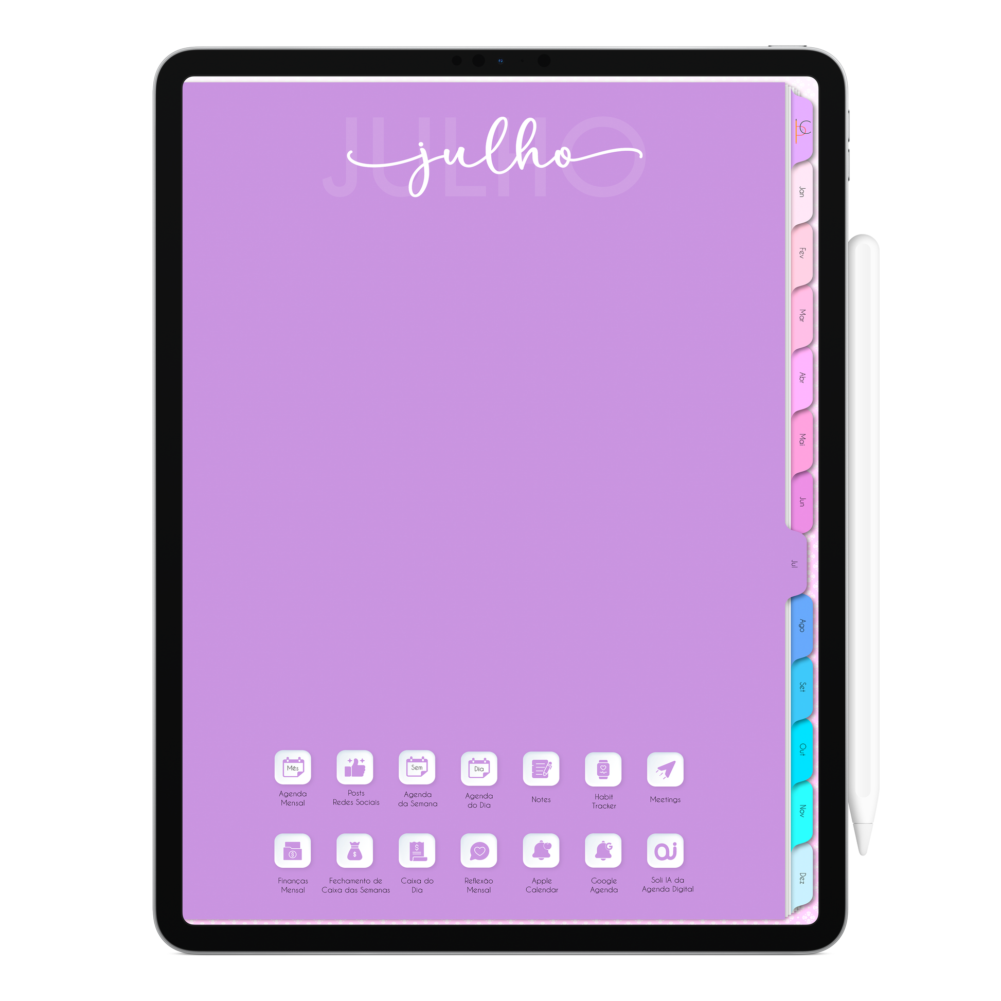 Capa do Mês clicavel da Agenda Digital Permanente para iPad e Tablet Android exibindo abas laterais de acesso instantâneo por clique para os meses de Janeiro a Dezembro.