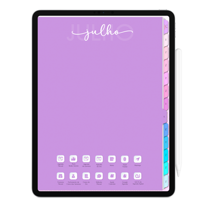 Capa do Mês clicavel da Agenda Digital Permanente para iPad e Tablet Android exibindo abas laterais de acesso instantâneo por clique para os meses de Janeiro a Dezembro.
