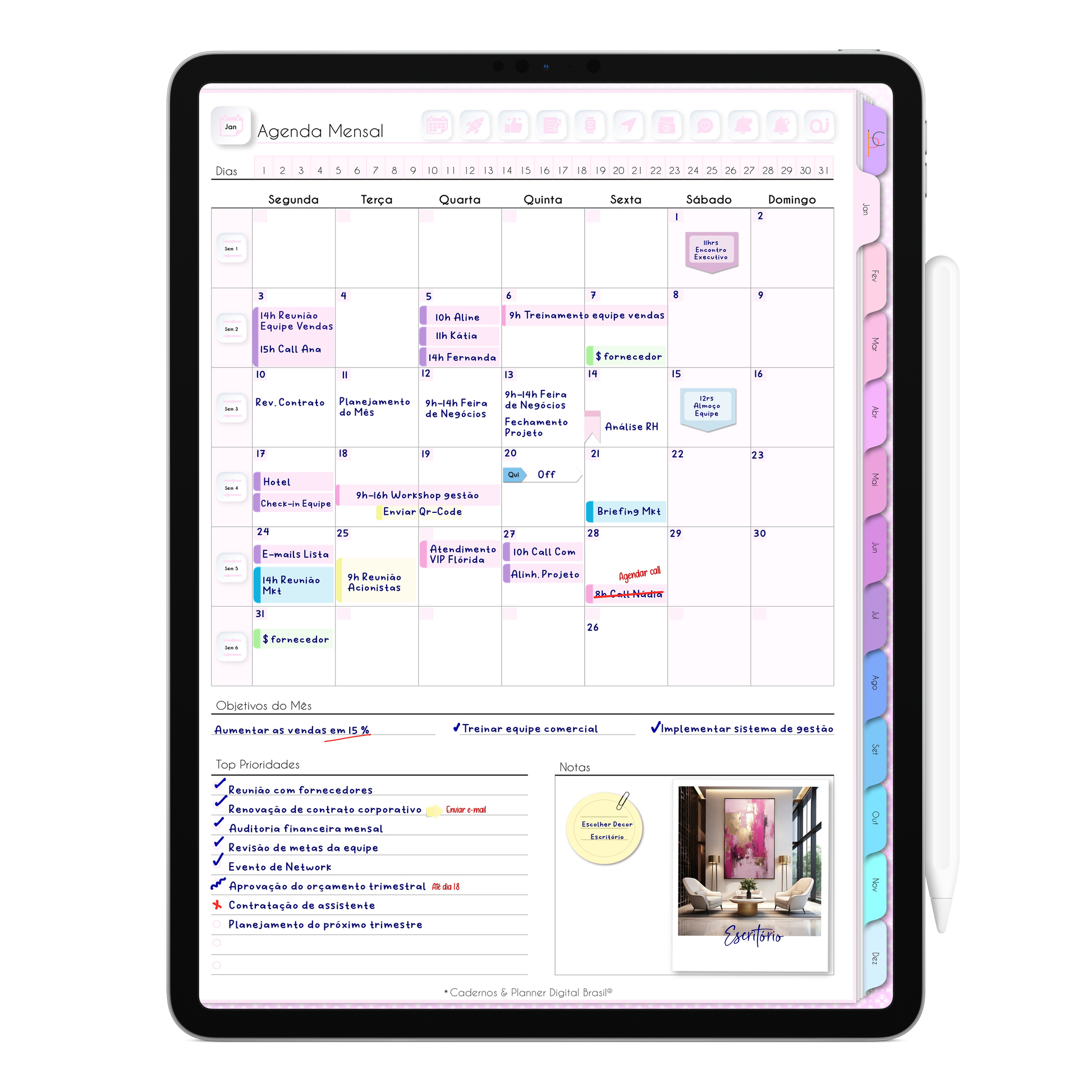 Página de Agenda Mensal não datada para planejamento e agendamento de compromissos, metas, tarefas e organização da rotina mensal com botões clicáveis para Google Agenda, Apple Calendar e IA Soli da Agenda Digital. 