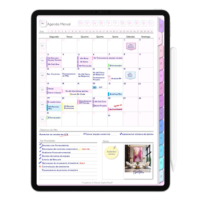 Página de Agenda Mensal não datada para planejamento e agendamento de compromissos, metas, tarefas e organização da rotina mensal com botões clicáveis para Google Agenda, Apple Calendar e IA Soli da Agenda Digital. 