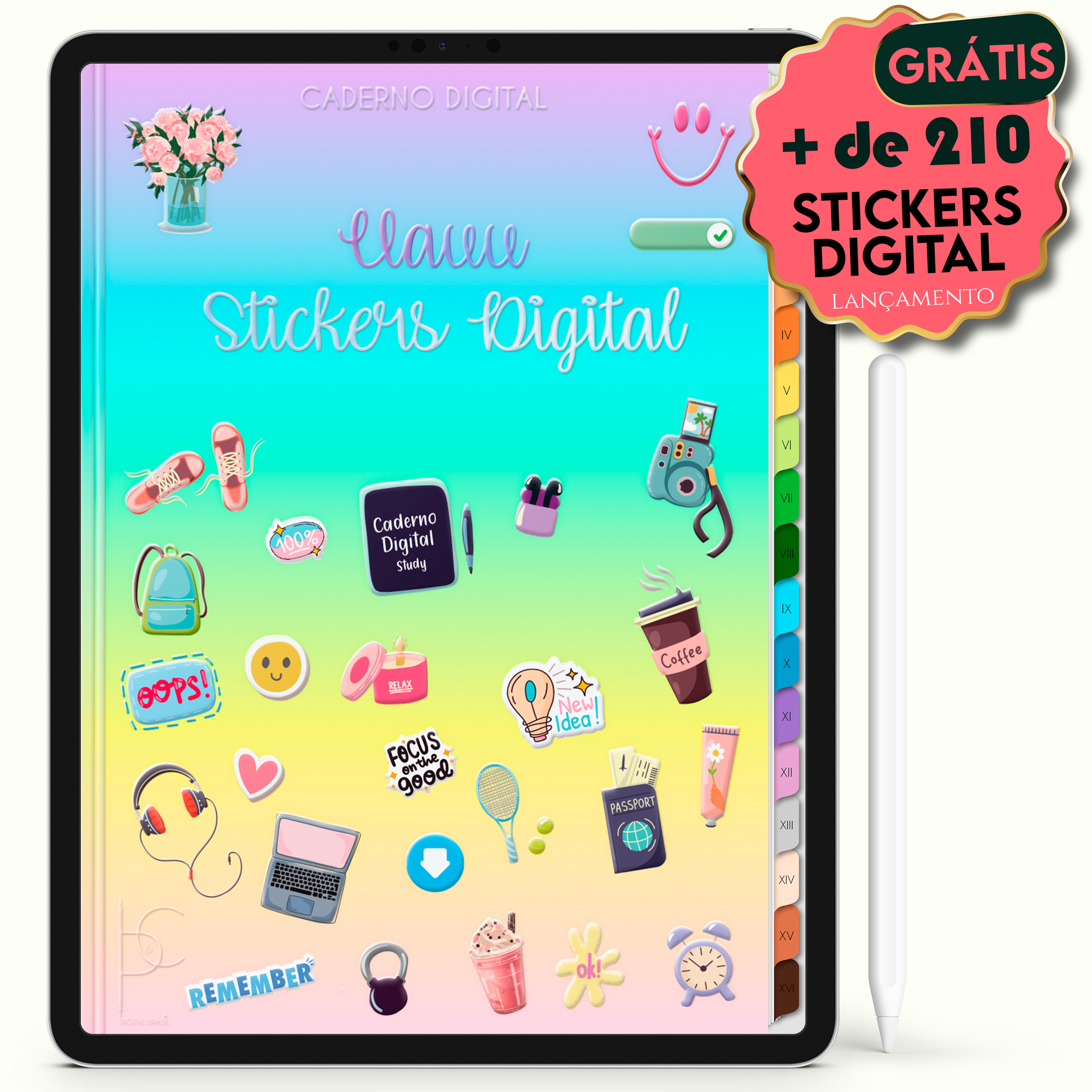 Brinde Ganhe Stickers Adesivo Study Digital Caderno Digital Colors Colorful 16 Matérias • Para iPad e Tablet Android • Download instantâneo • Sustentável