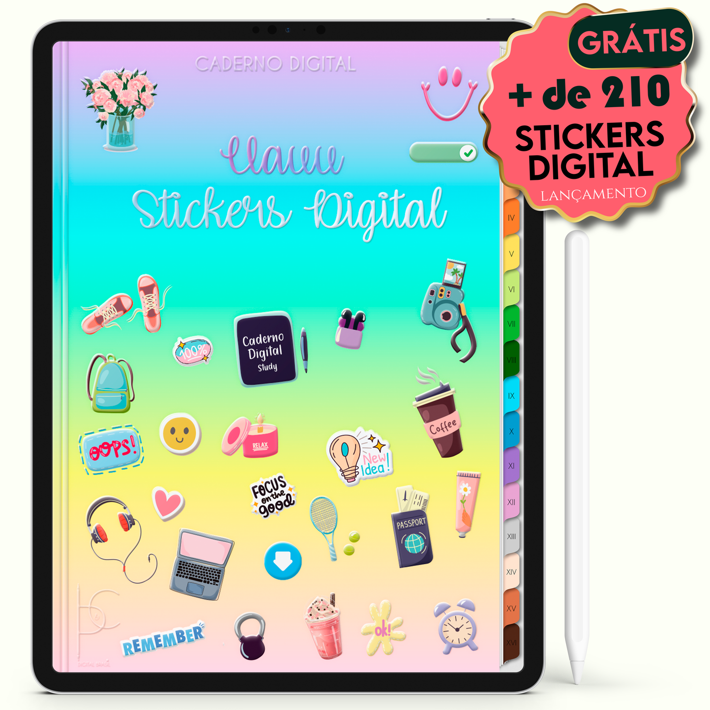 Ganhe de Brinde grátis Stickers Adesivo Digital para personalizar o Caderno Digital Colors Anotações Verão Tropical 16 Matérias • Para iPad e Tablet Android • Download instantâneo • Sustentável