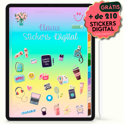 Ganhe grátis de Brinde Stickers Adesivo Digital com o Caderno Digital Colors Colorindo 16 Matérias • Para iPad e Tablet Android • Download instantâneo • Sustentável