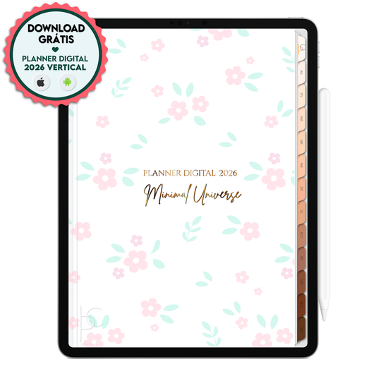 Download grátis do Planner Digital 2026  coleção Minimal Universe para planejar o ano de 2026 no iPad com app GoodNotes ou Tablet com o app Notein. Tablet da Samsung