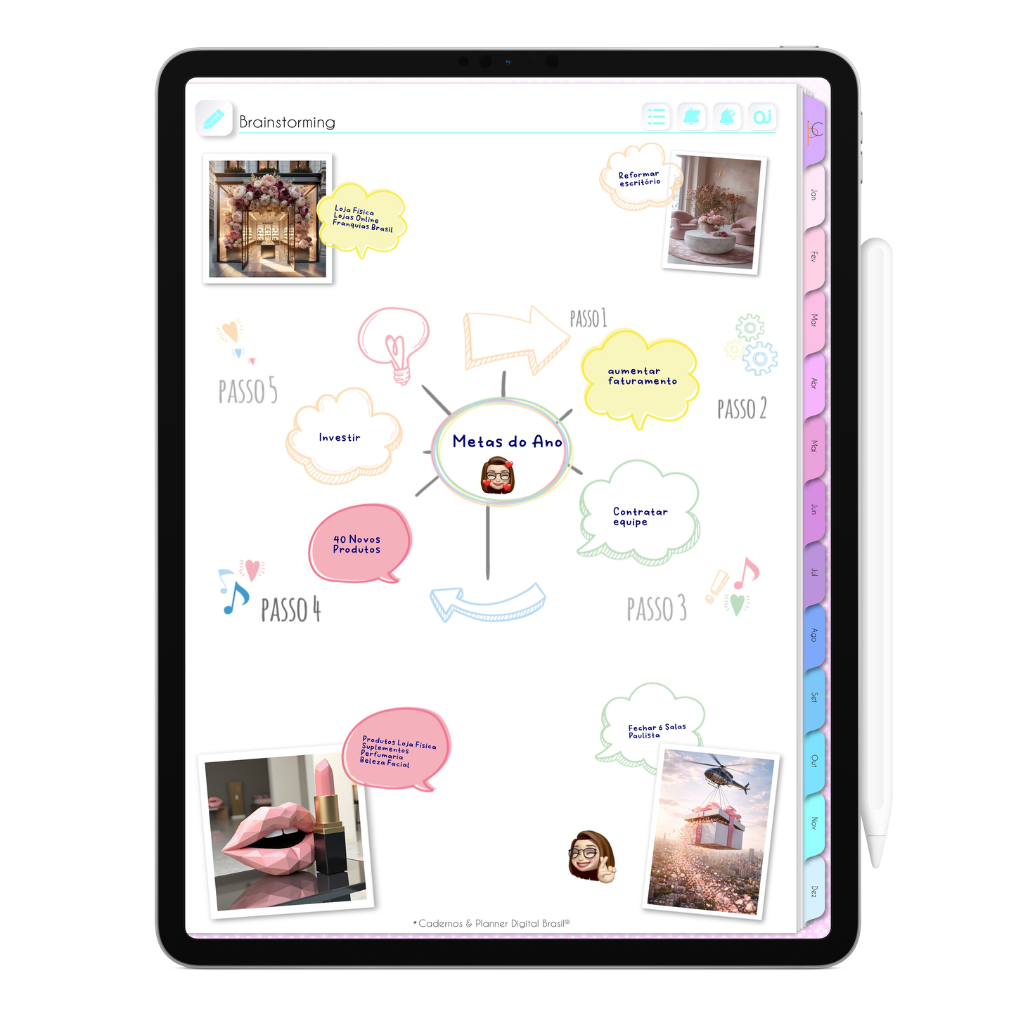Espaço livre para Brainstorming e mapas mentais na Agenda Digital Permanente, perfeito para capturar ideias no ritmo dos pensamentos.
