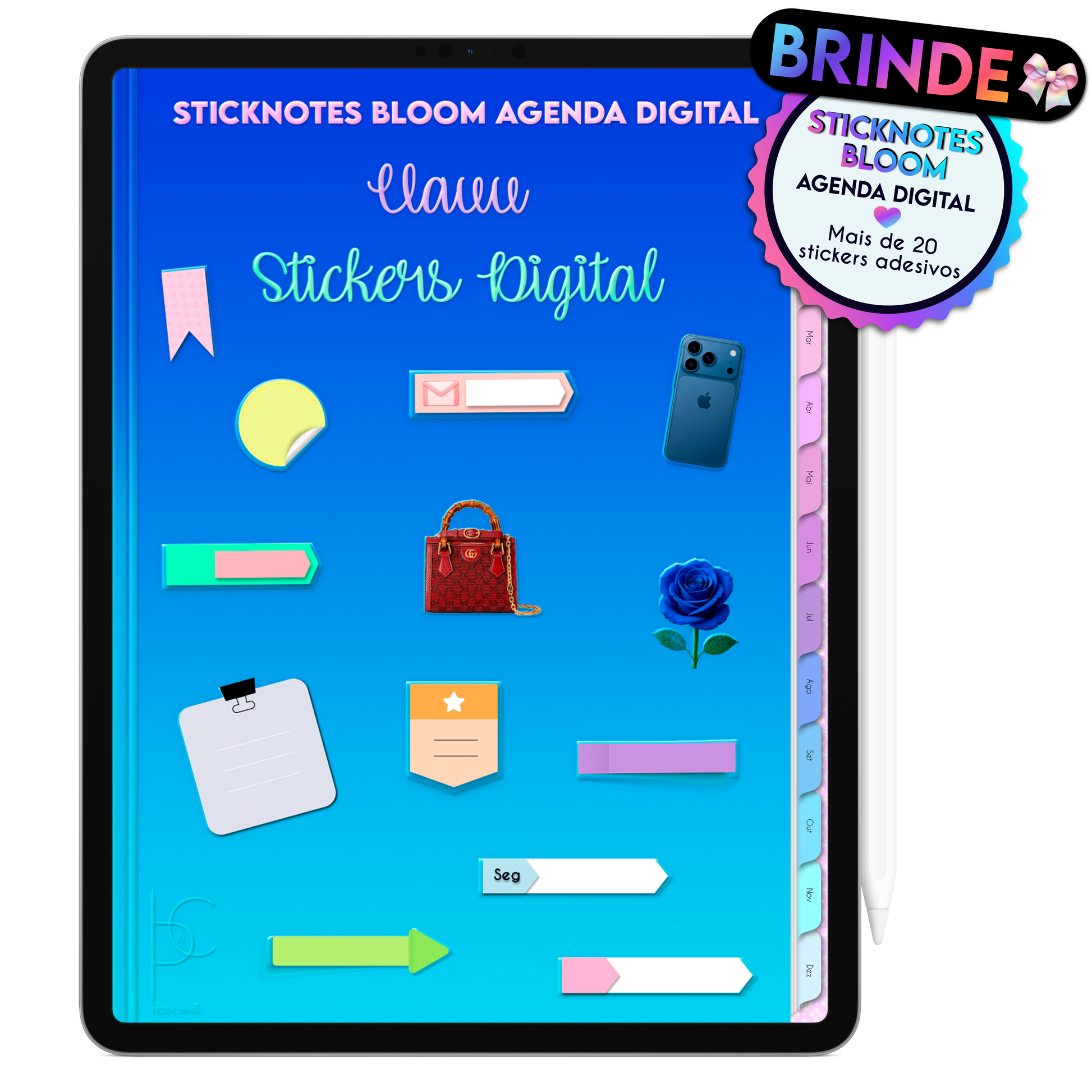 Brinde Adesivos Personalizáveis para usar na Agenda Digital Permanente Não Datada Bloom e personalizar as anotações. 