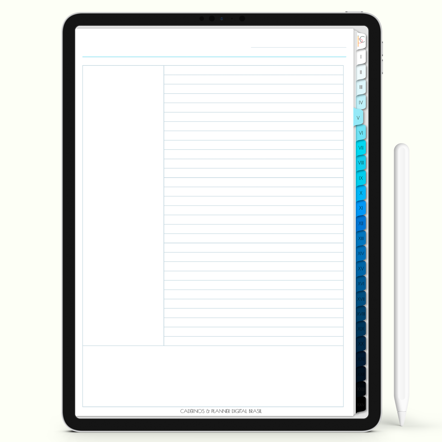 Caderno Digital 24 Matérias - Página Cornell para iPad e Tablet Android. Cadernos & Planner Digital Brasil