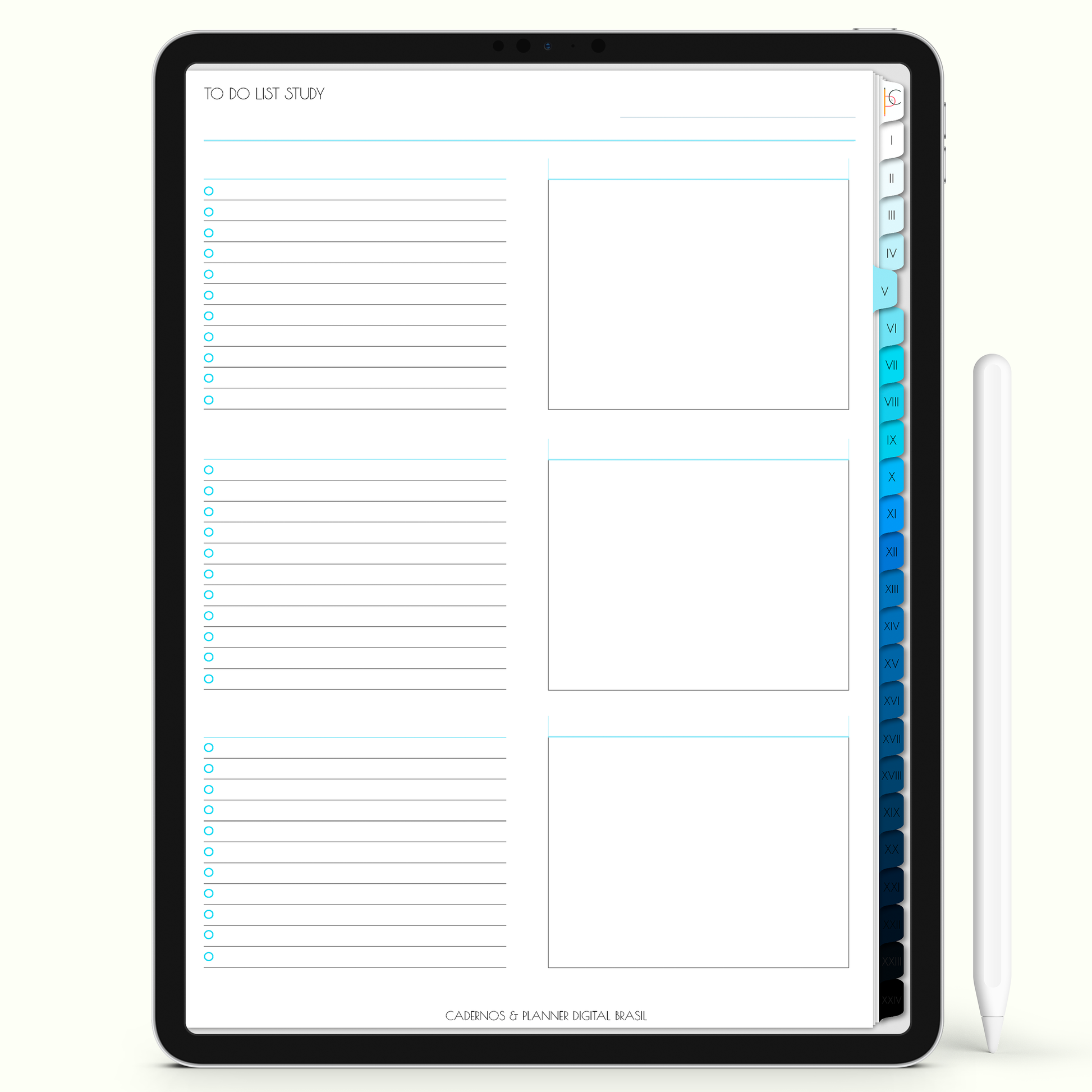 Caderno Digital 24 Matérias - Página To Do List para iPad e Tablet Android. Cadernos & Planner Digital Brasil