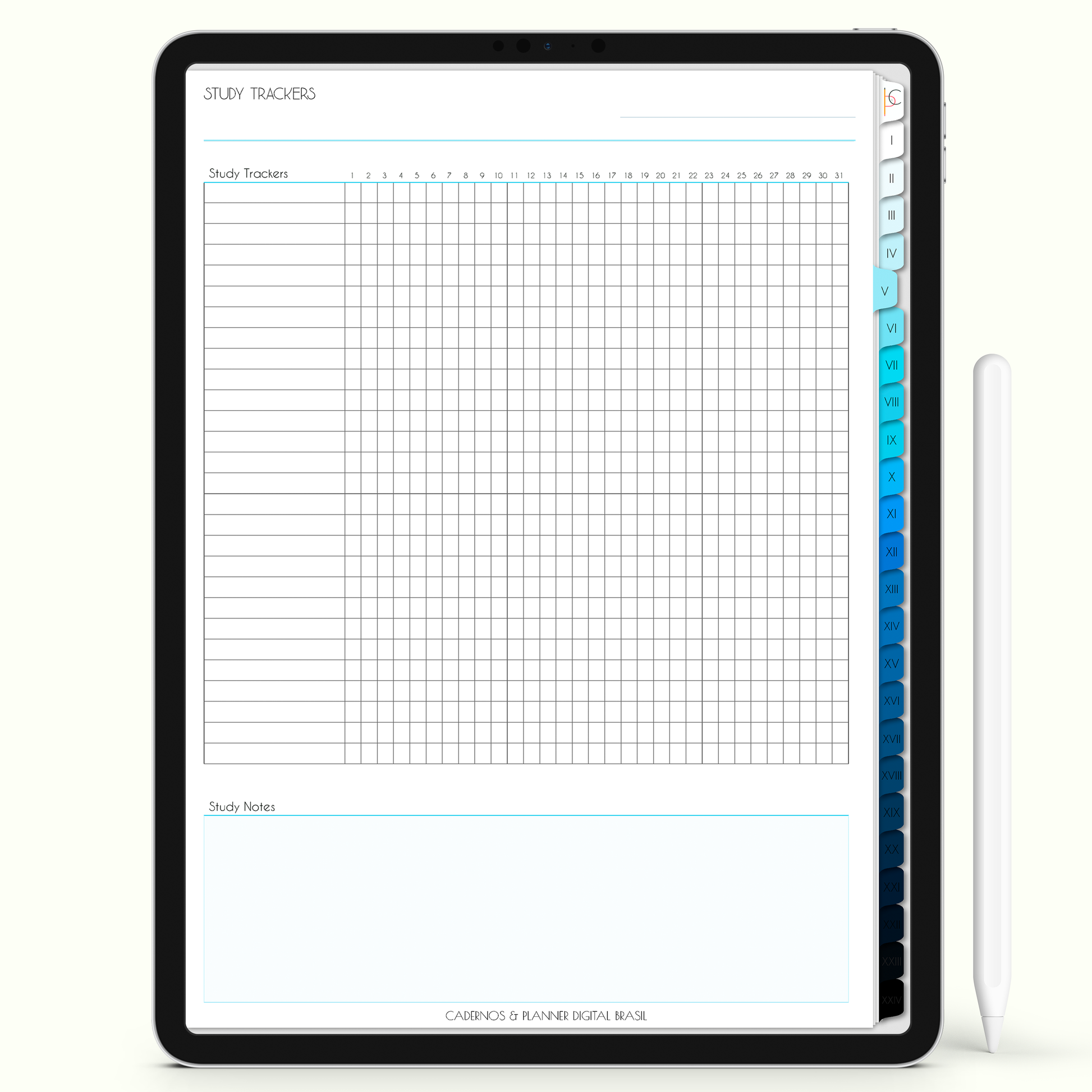 Caderno Digital 24 Matérias - página study tracker do caderno digital para iPad e Tablet Android. Cadernos & Planner Digital Brasil