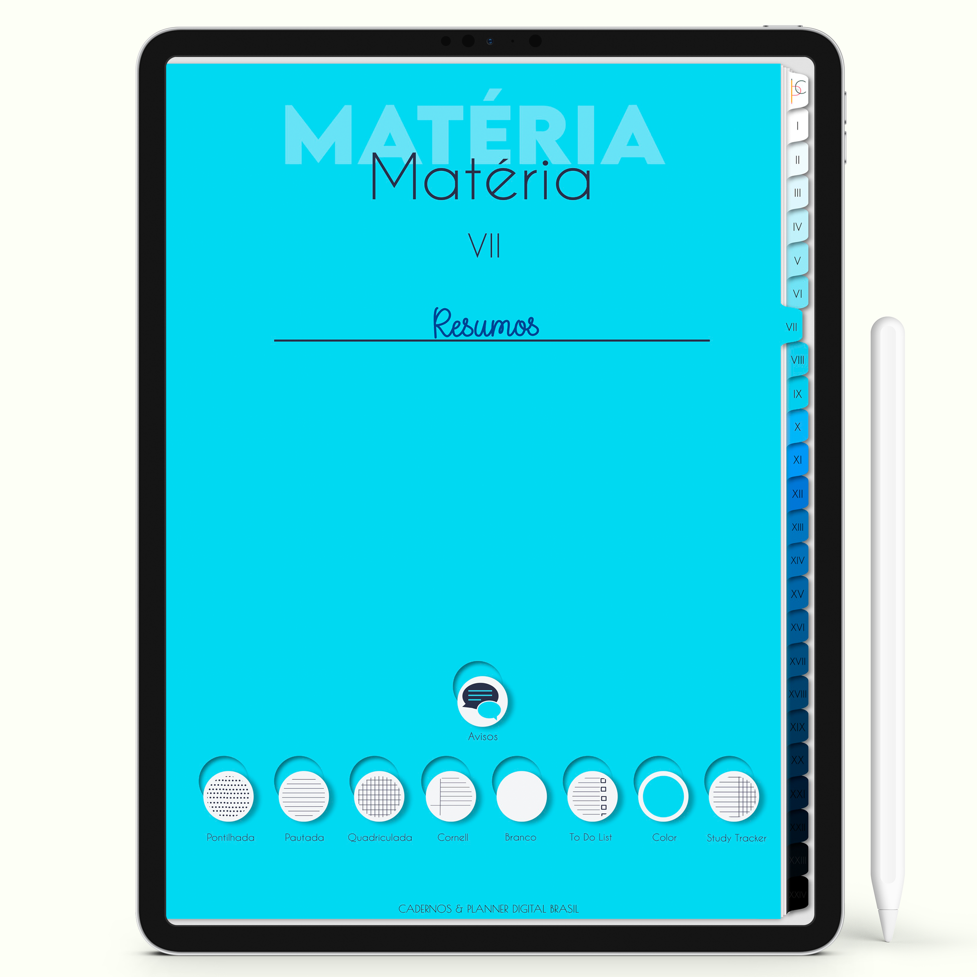 Caderno Digital 24 Matérias - capa da matéria, caderno digital para iPad e Tablet Android. Cadernos & Planner Digital Brasil