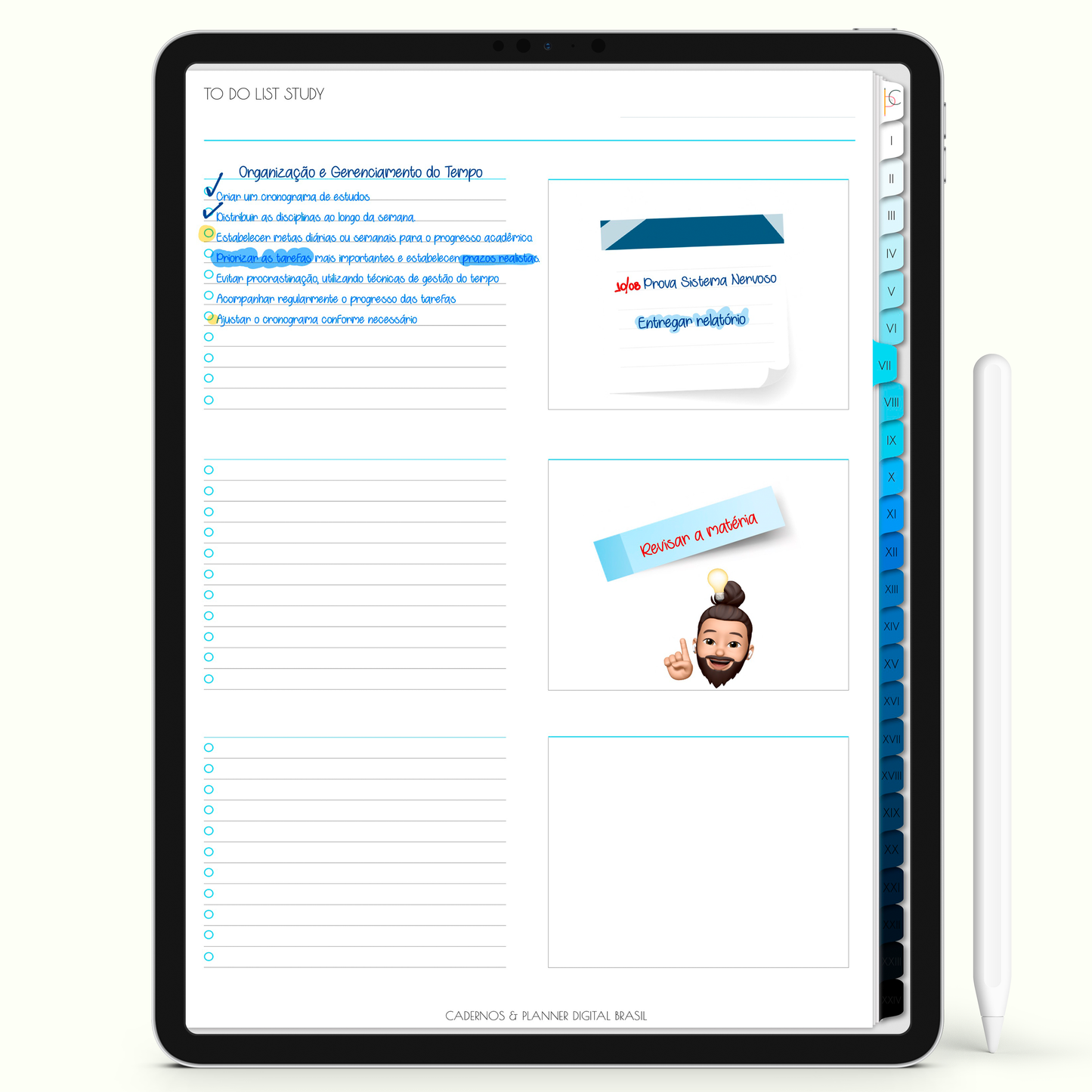 Caderno Digital 24 Matérias - página To Do List Study, caderno digital para iPad e Tablet Android. Cadernos & Planner Digital Brasil