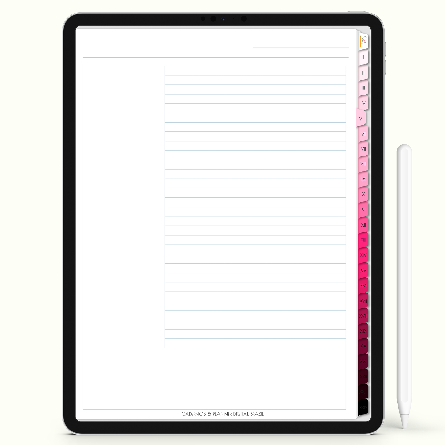 Caderno Digital Blush 24 Matérias - Página Método Cornell do Caderno Digital para iPad e Tablet Android. Cadernos & Planner Digital Brasil