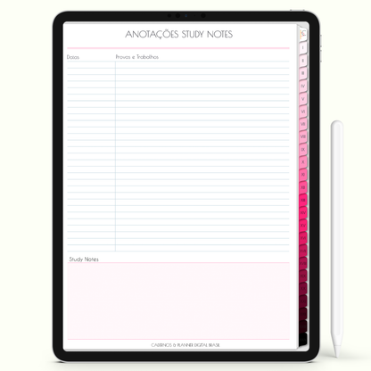Caderno Digital Blush 24 Matérias - Página de Notas do Caderno Digital para iPad e Tablet Android. Cadernos & Planner Digital Brasil