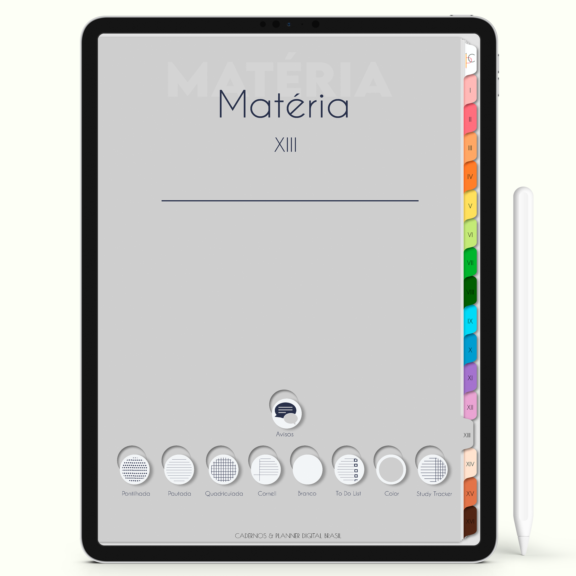 Caderno Digital Colors 16 Matérias - Capa da matéria cinza claro para iPad e Tablet Android. Cadernos & Planner Digital Brasil
