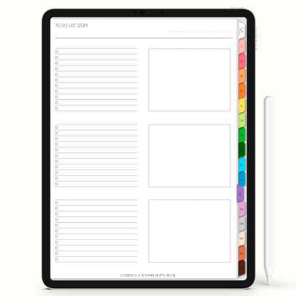 Caderno Digital Colors 16 Matérias - página To Do List para iPad e Tablet Android. Cadernos & Planner Digital Brasil