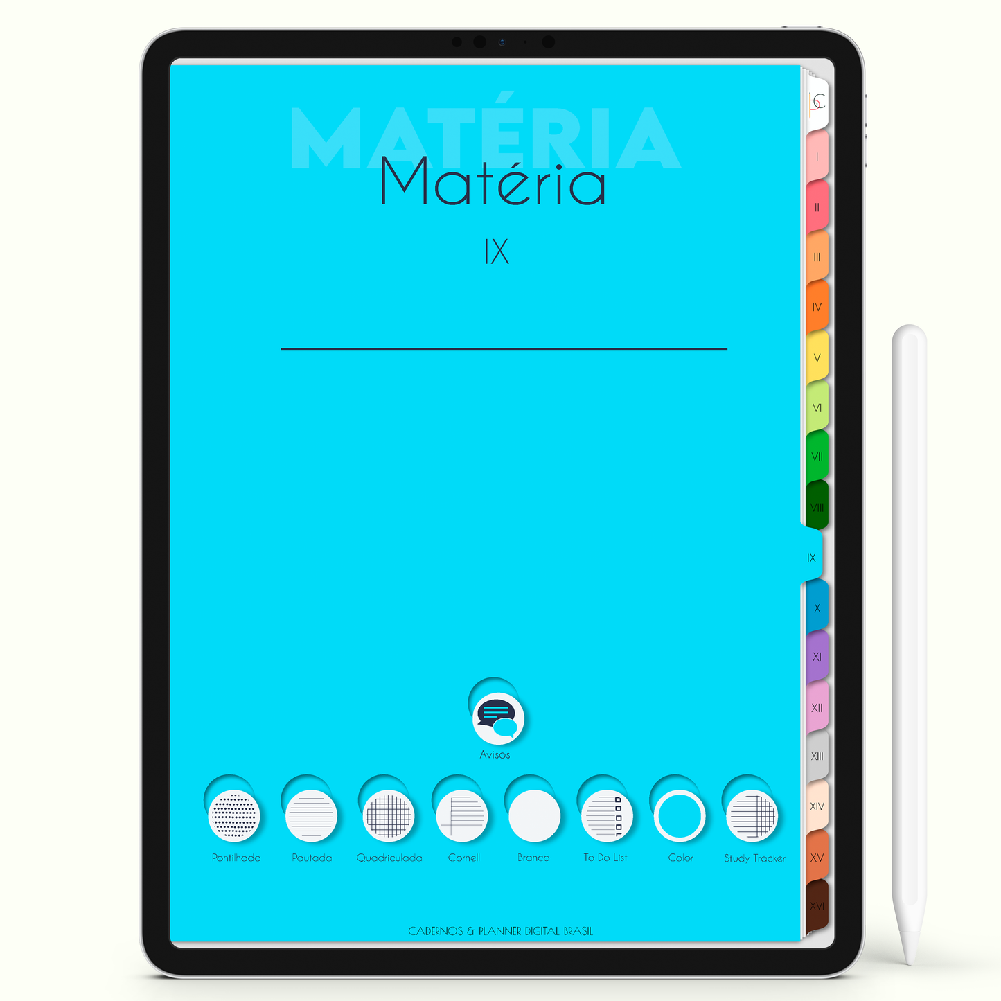 Caderno Digital Colors 16 Matérias - Capa da matéria azul claro para iPad e Tablet Android. Cadernos & Planner Digital Brasil