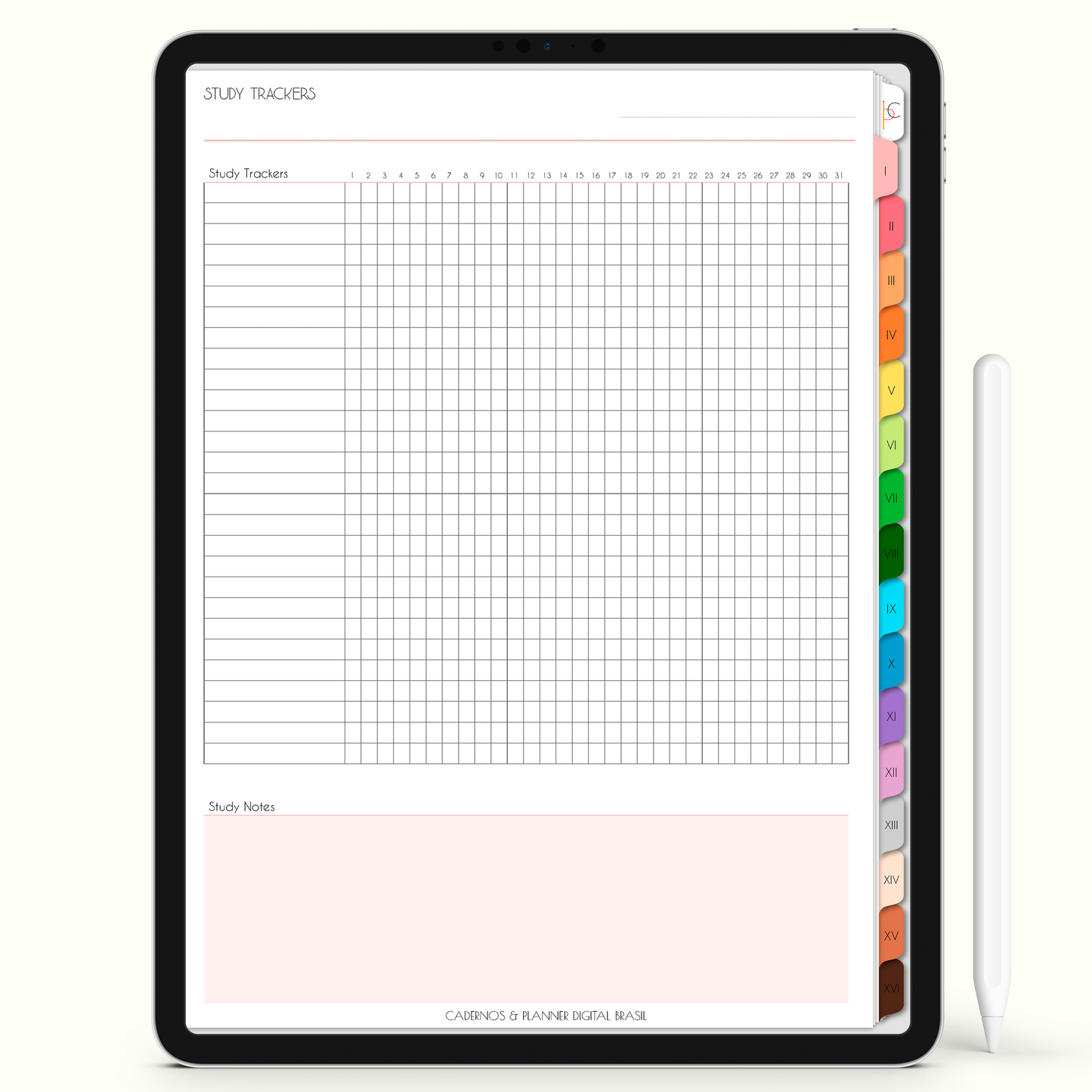 Caderno Digital Colors 16 Matérias - página Study tracker para iPad e Tablet Android. Cadernos & Planner Digital Brasil