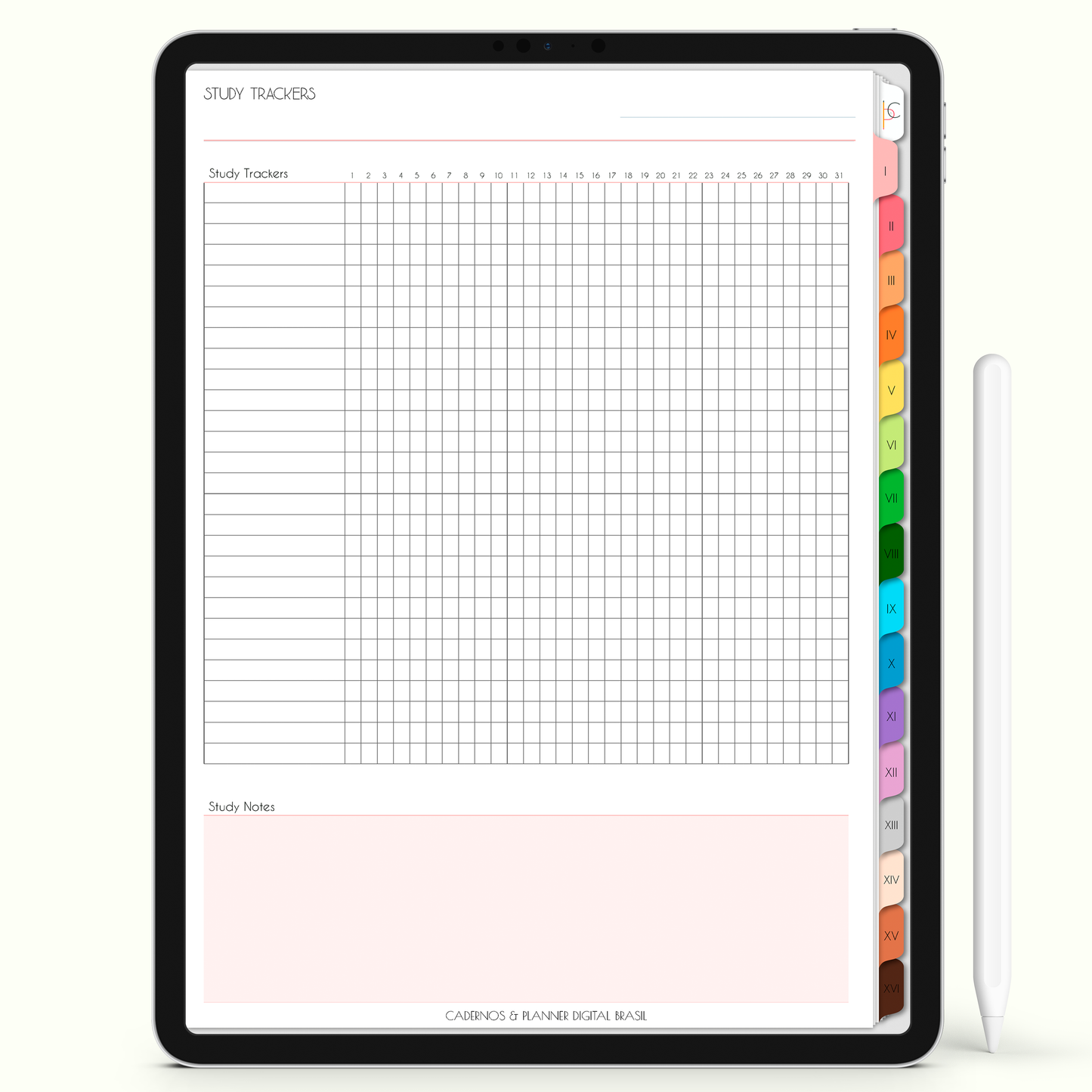 Caderno Digital Colors 16 Matérias - página rastreador de estudos para iPad e Tablet Android. Cadernos & Planner Digital Brasil