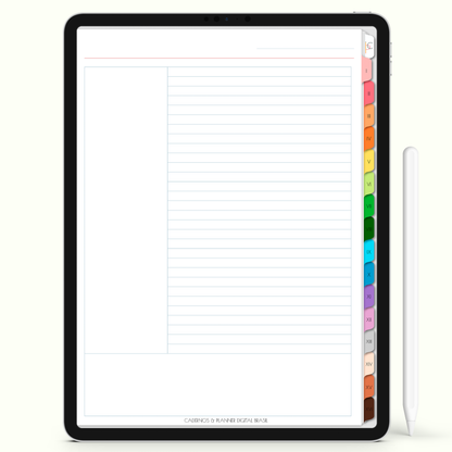 Caderno Digital Colors 16 Matérias - página Método Cornell para iPad e Tablet Android. Cadernos & Planner Digital Brasil