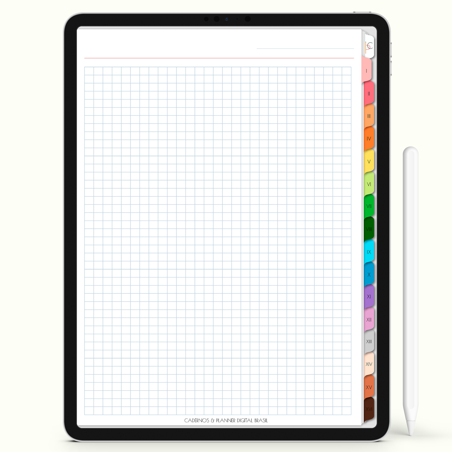 Caderno Digital Colors 16 Matérias - página Quadriculada para iPad e Tablet Android. Cadernos & Planner Digital Brasil