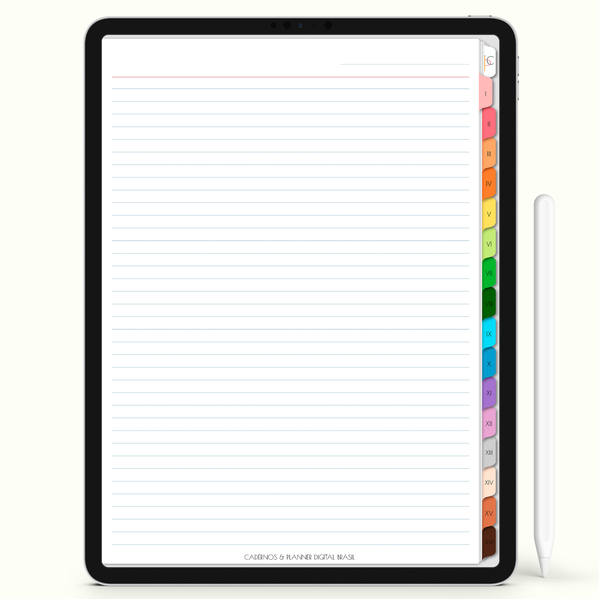 Caderno Digital Colors 16 Matérias - página pautada para iPad e Tablet Android. Cadernos & Planner Digital Brasil