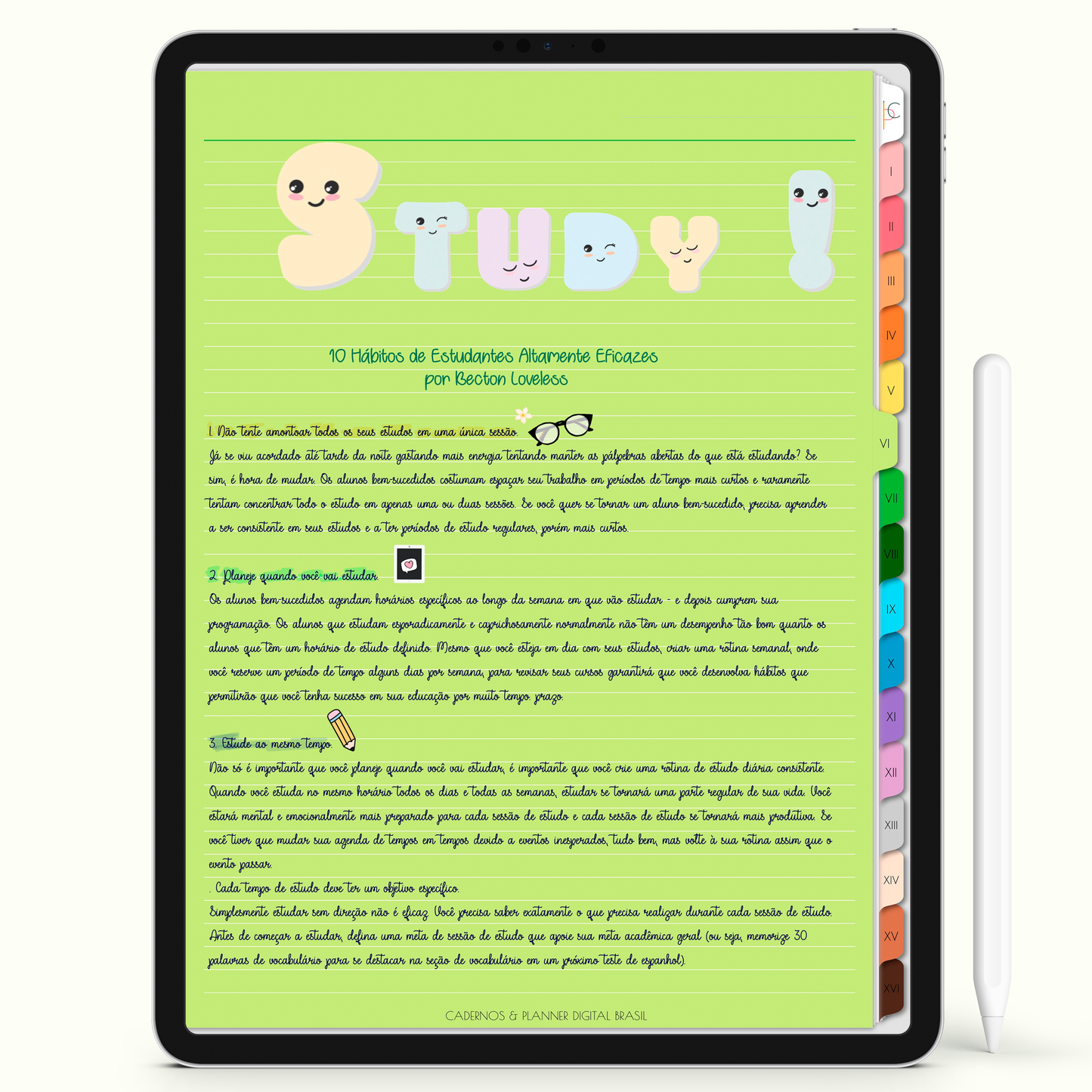 Caderno Digital Colors 16 Matérias - página pautada color verde para iPad e Tablet Android. Cadernos & Planner Digital Brasil