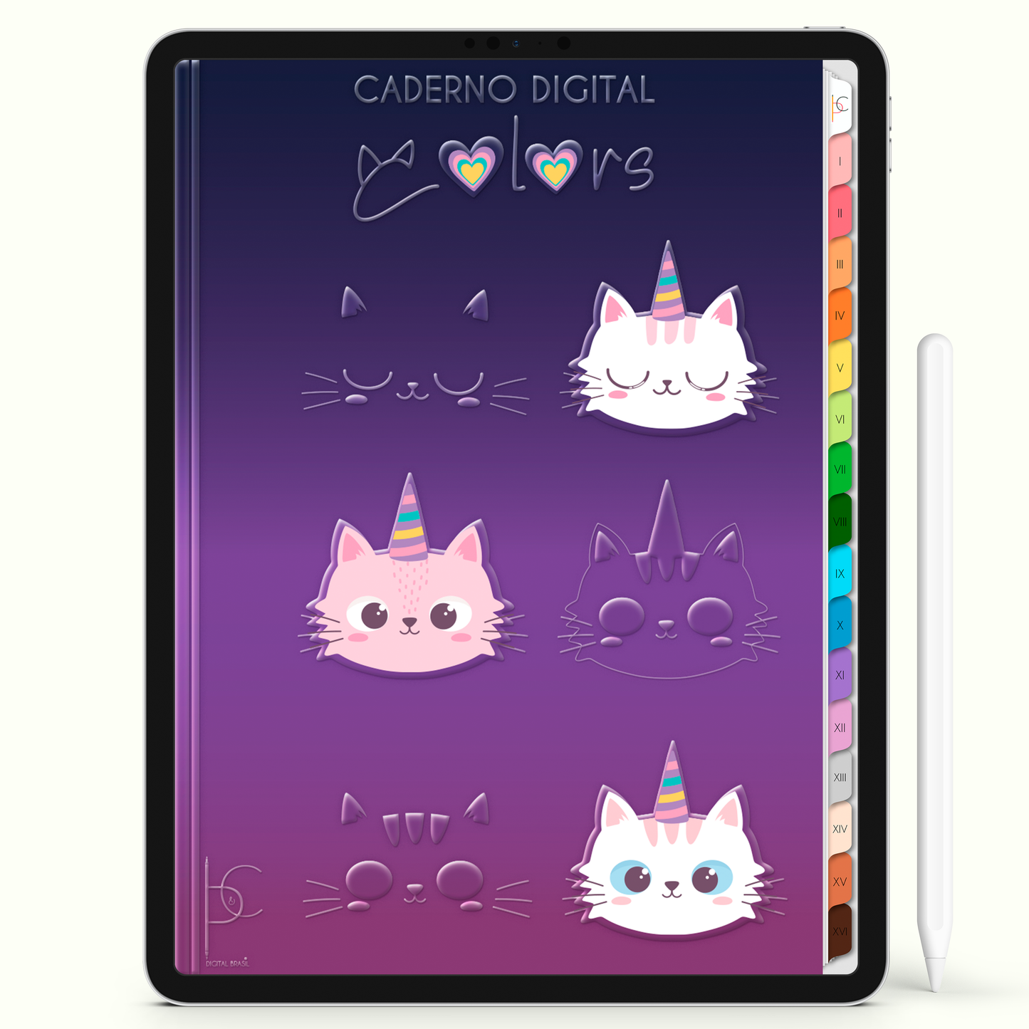 Caderno Digital Colors Gatunicôrnios 16 Matérias • Para iPad e Tablet Android • Download instantâneo • Sustentável