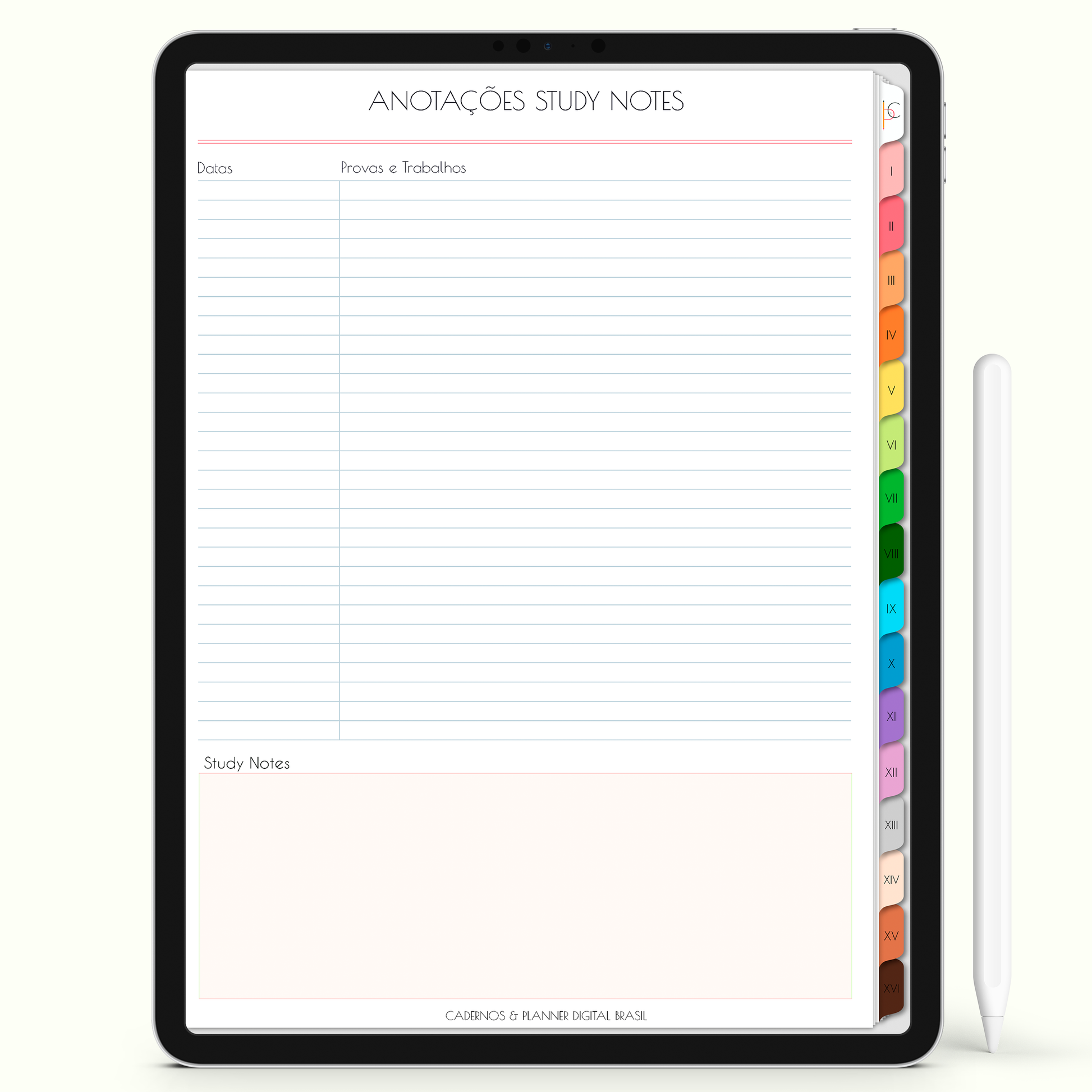 Caderno Digital Colors 16 Matérias - página Study notes para iPad e Tablet Android. Cadernos & Planner Digital Brasil