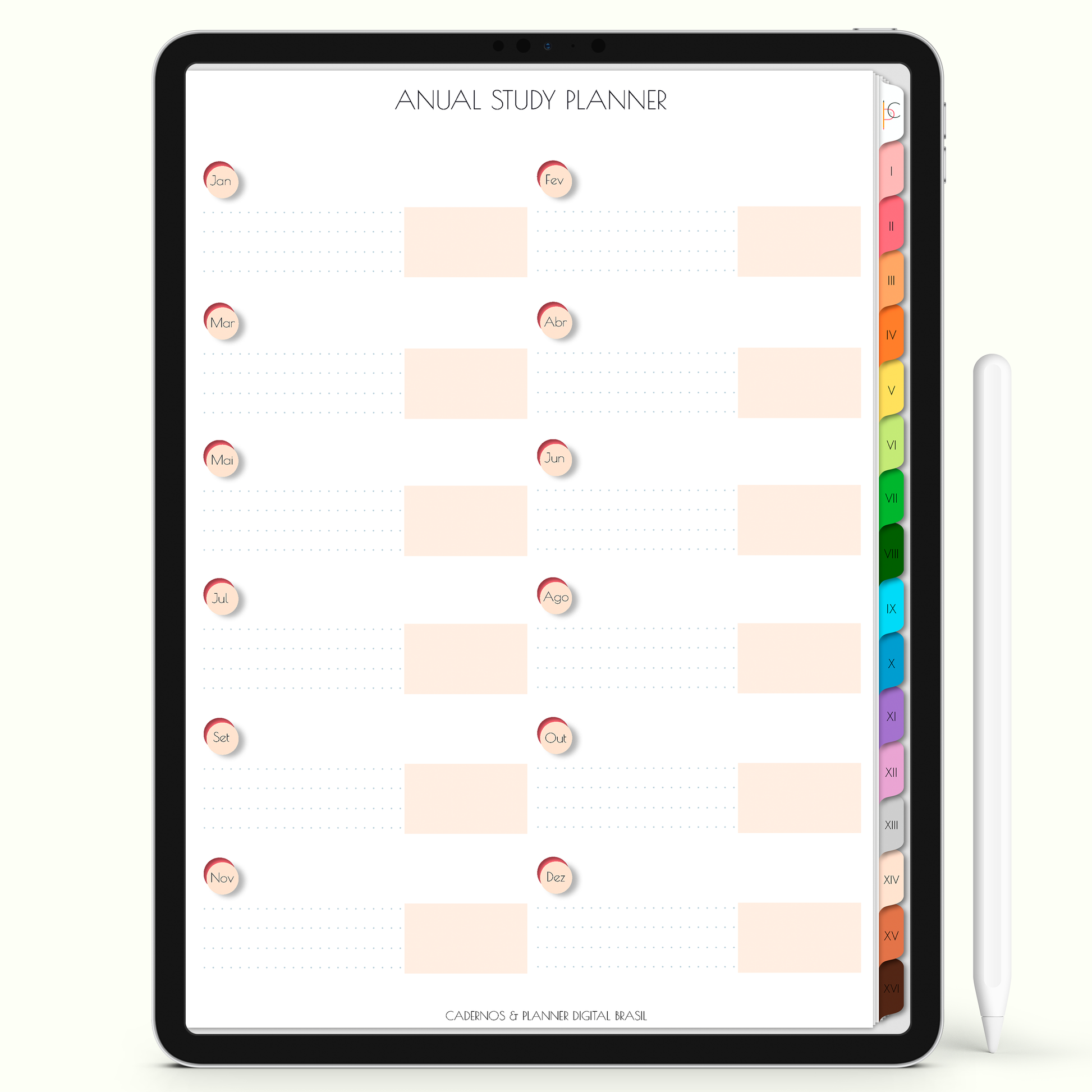 Caderno Digital Colors 16 Matérias - página anual Study Planner para iPad e Tablet Android. Cadernos & Planner Digital Brasil