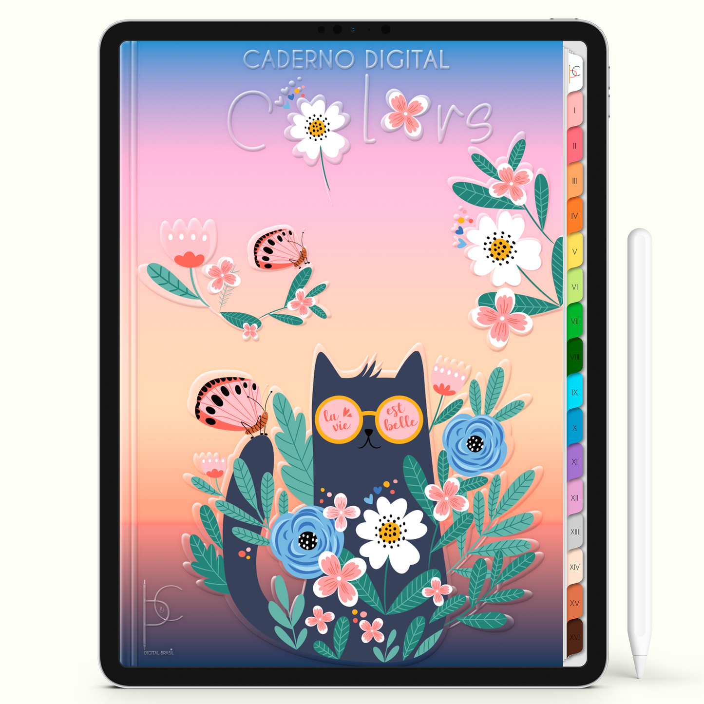 Caderno Digital Colors Cat Flowers 16 Matérias • Para iPad e Tablet Android • Download instantâneo • Sustentável