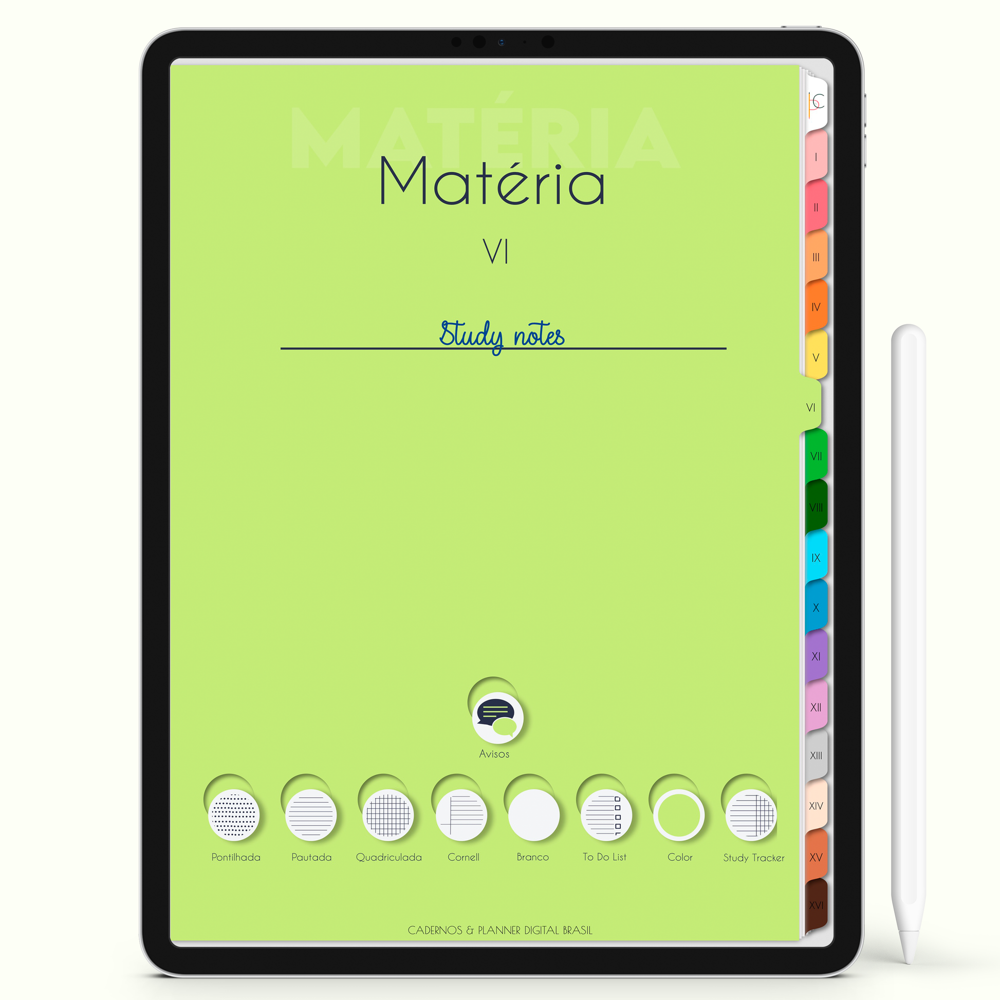 Caderno Digital Colors 16 Matérias - Capa da matéria verde claro para iPad e Tablet Android. Cadernos & Planner Digital Brasil