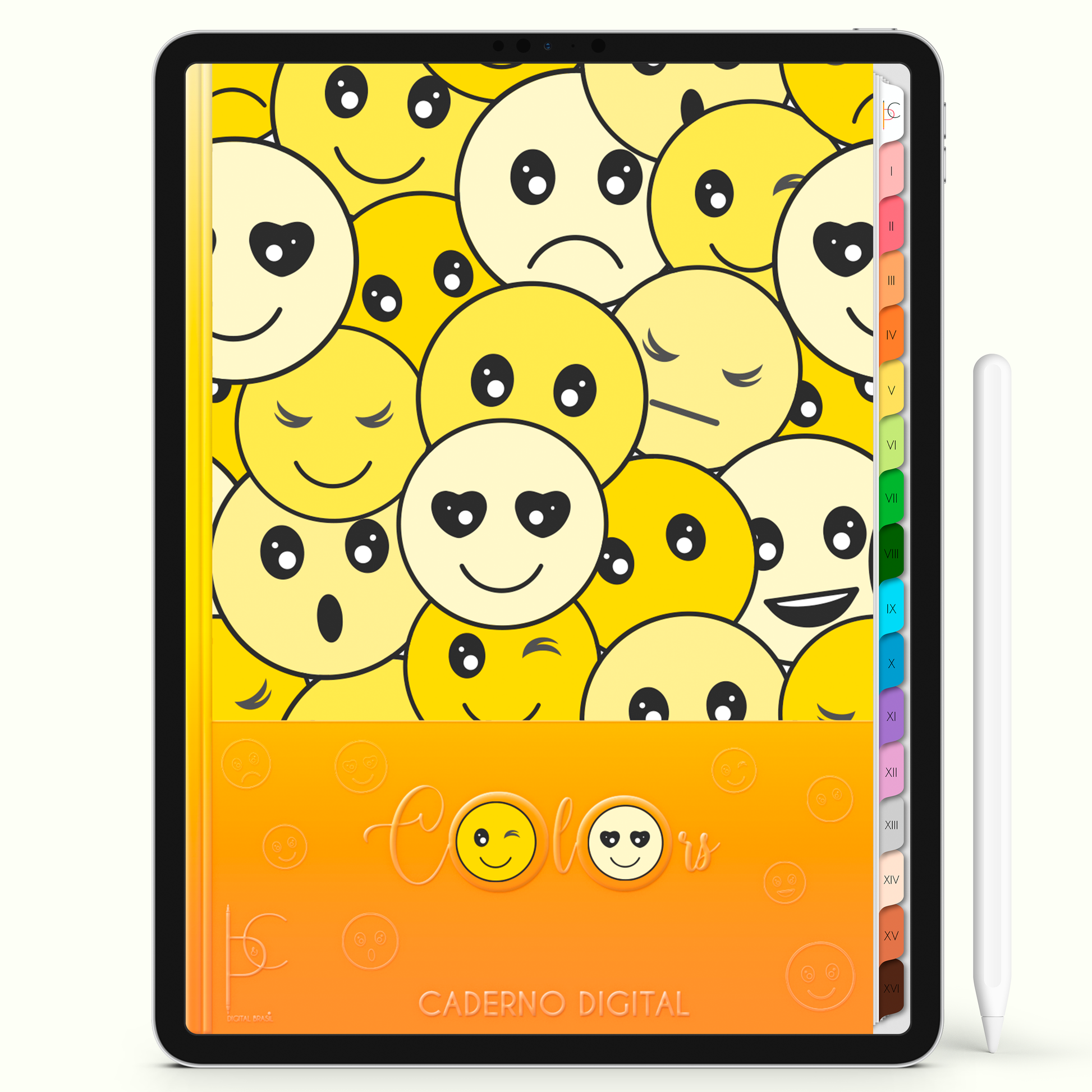 Caderno Digital Colors Emoji Sorriso Amarelo 16 Matérias • Para iPad e Tablet Android • Download instantâneo • Sustentável