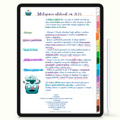 Caderno Digital Colors 16 Matérias - página Método Cornell para iPad e Tablet Android. Cadernos & Planner Digital Brasil