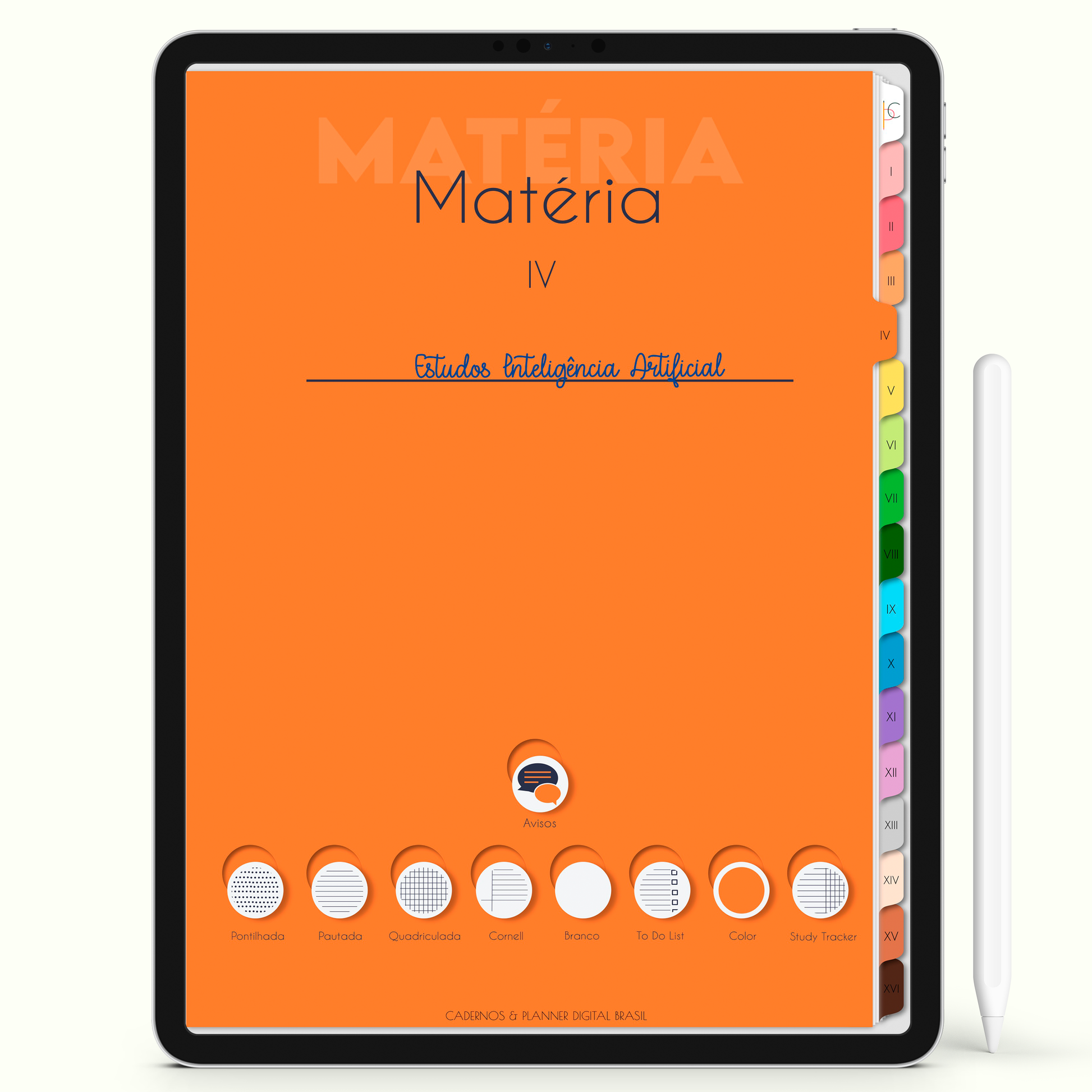Caderno Digital Colors 16 Matérias - Capa da Matéria laranja para iPad e Tablet Android. Cadernos & Planner Digital Brasil